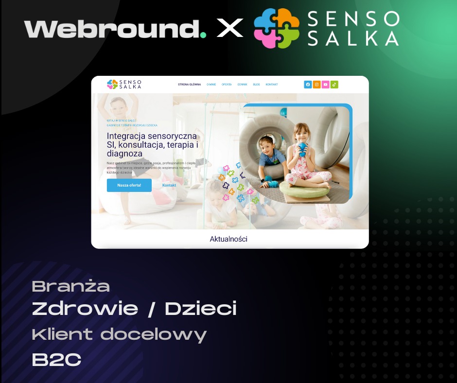 Prezentacja strony internetowej gabinetu terapii integracji sensorycznej Senso Salka, z widocznymi elementami oferty i danymi kontaktowymi, wyświetlana na tle z logotypami Webround i Senso Salka...