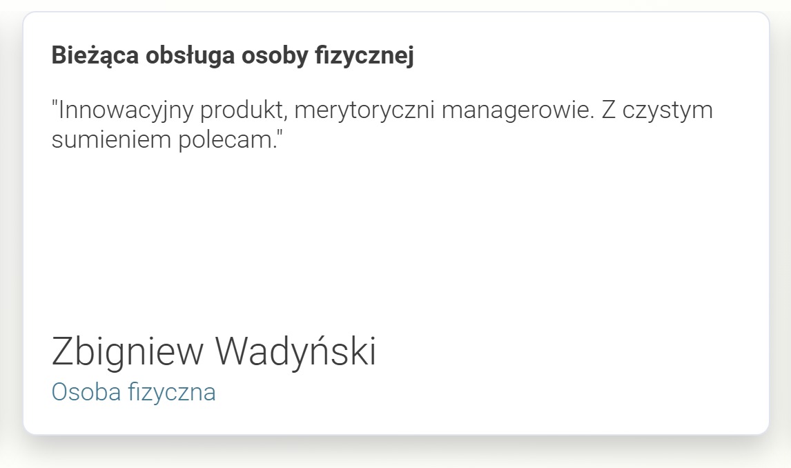Referencja klienta: tekst rekomendacji 'Innowacyjny produkt, merytoryczni managerowie. Z czystym sumieniem polecam.' oraz imię i nazwisko Zbigniew Wadyński, osoba fizyczna.
