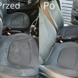 Porównanie fotela samochodowego przed i po czyszczeniu, widoczne różnice w odcieniu i czystości tapicerki.