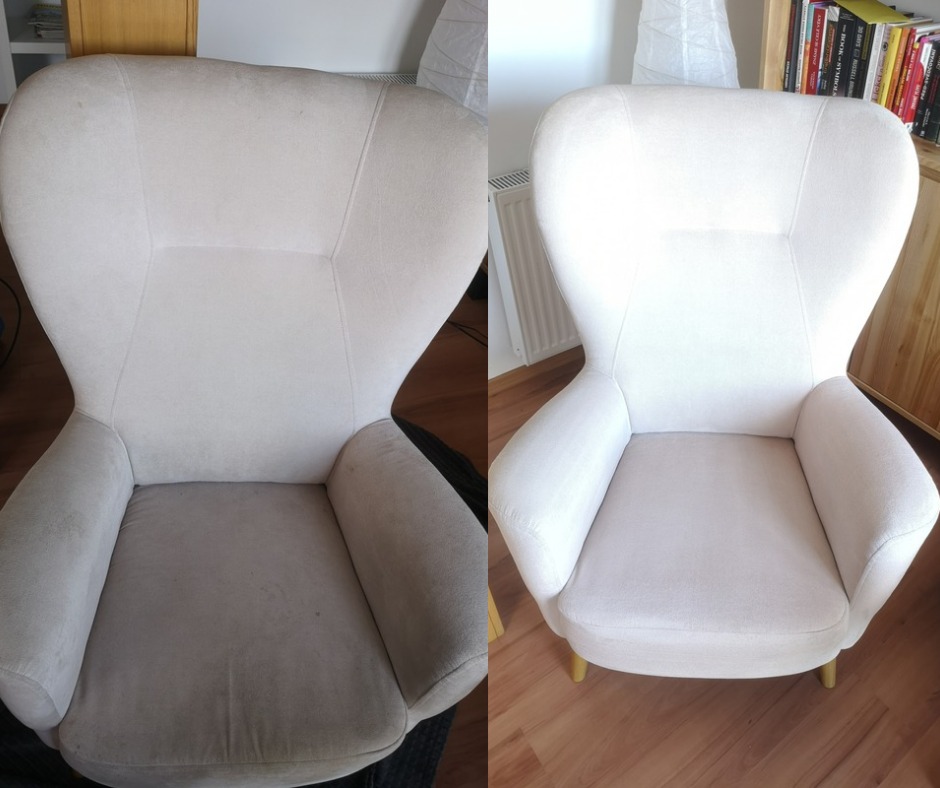Kremowy fotel typu uszak: po lewej stronie widoczne zabrudzenia przed czyszczeniem, po prawej efekt po wypraniu z widocznymi drewnianymi nóżkami.