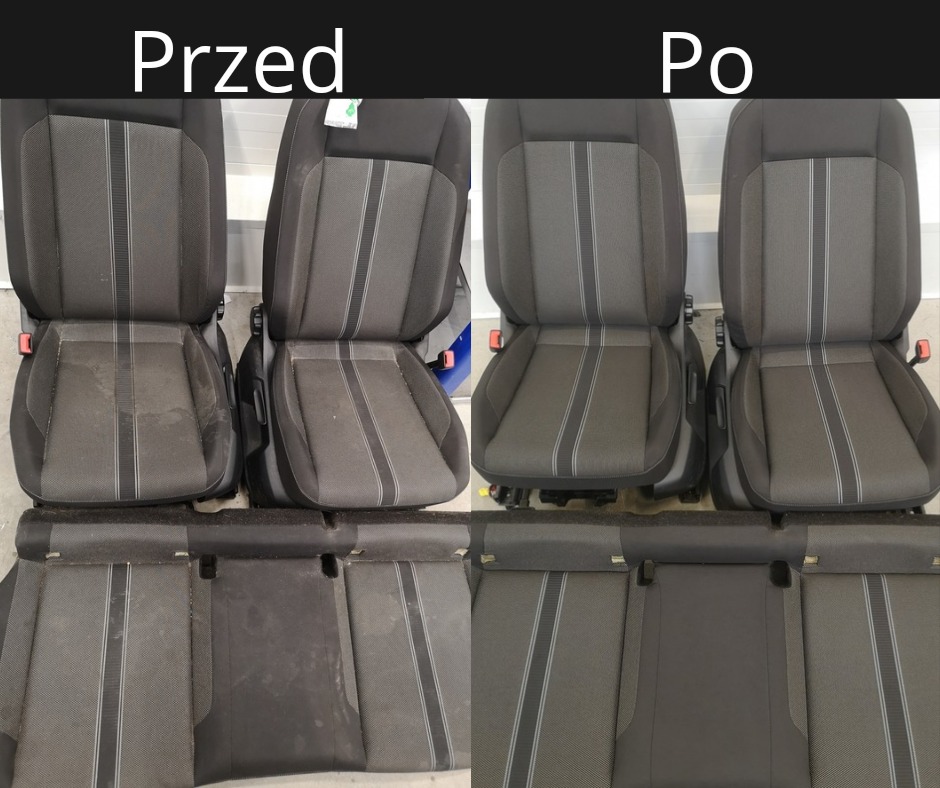 Tapicerka samochodowa w odcieniach szarości, widok przed i po czyszczeniu, z wyraźną różnicą w czystości i odświeżeniu materiału.