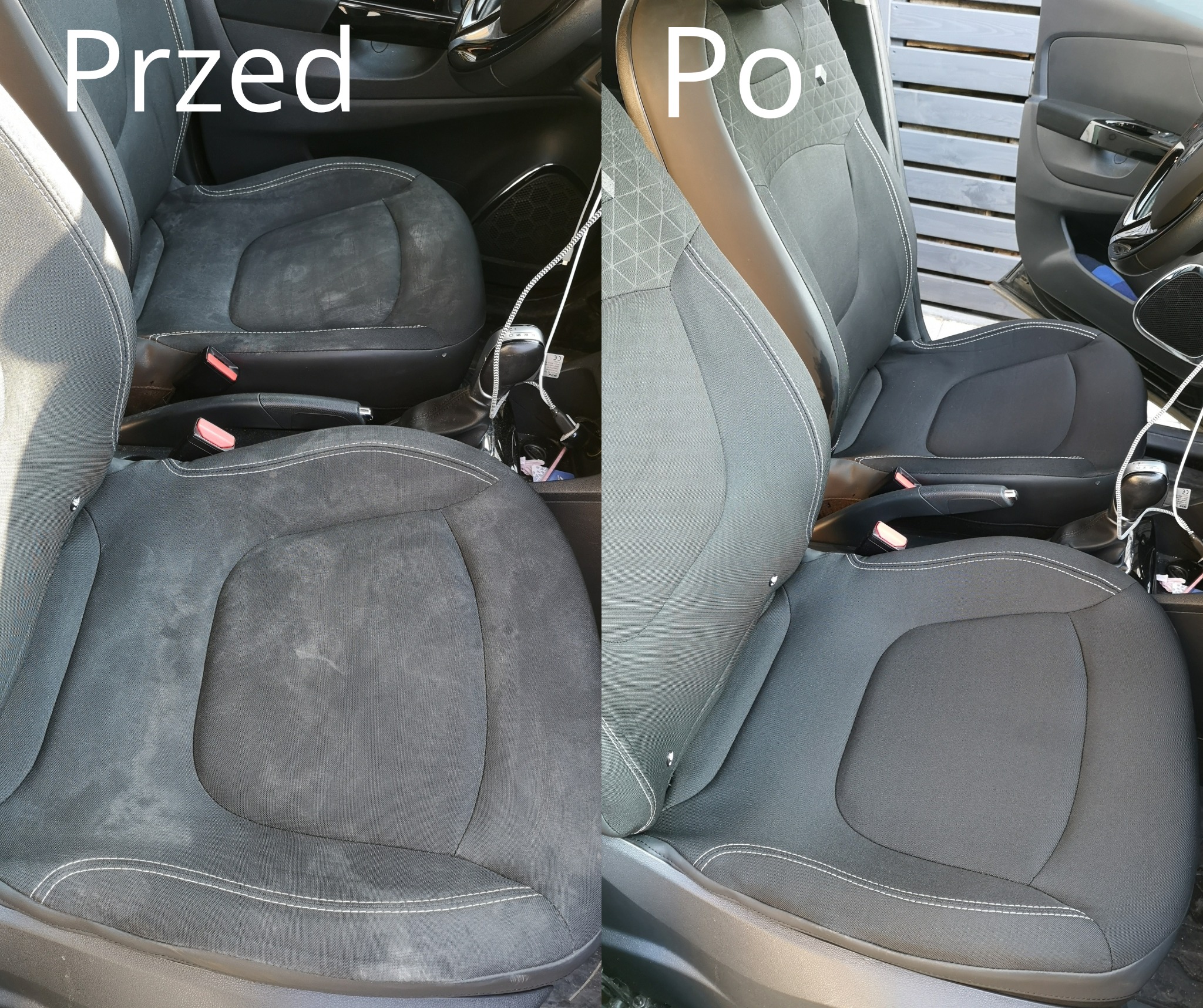 Porównanie fotela samochodowego przed i po czyszczeniu, widoczne różnice w odcieniu i czystości tapicerki.