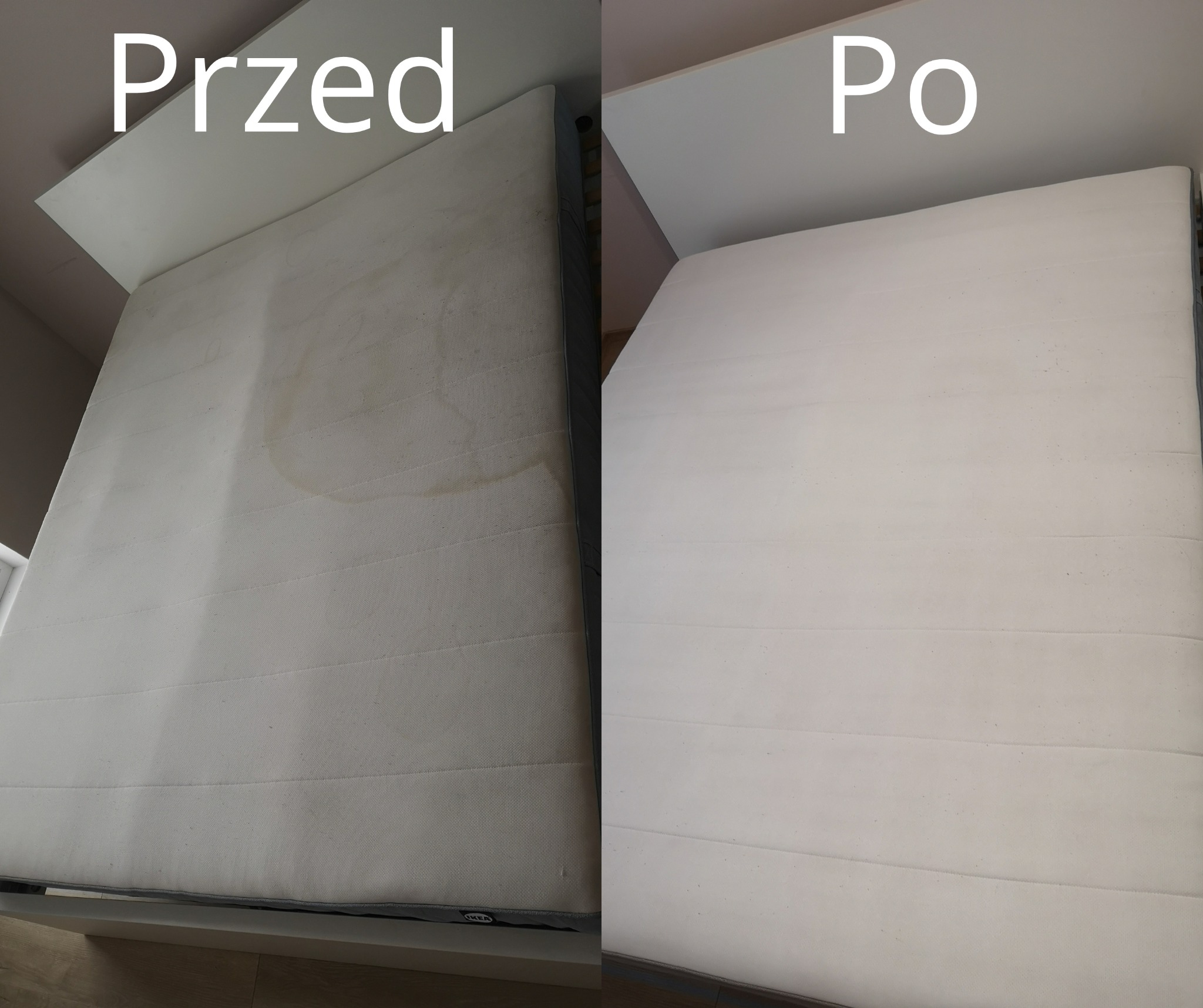 Materac na łóżku, widok przed i po czyszczeniu, z widocznymi plamami na części 'przed' i czystą powierzchnią na części 'po'.