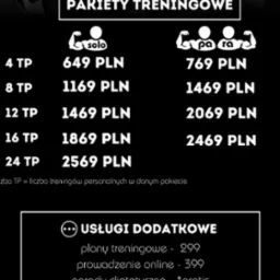 Czarno-biały cennik pakietów treningowych z cenami za treningi solo i w parach, dodatkowe usługi obejmują plany treningowe, prowadzenie online i porady dietetyczne, kontaktowy adres e-mail i profil...