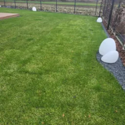 Świeżo założony trawnik z rolki, oświetlony trzema białymi lampami ogrodowymi w kształcie kamieni, obrzeże z ciemnego grysu, siatka ogrodzeniowa w tle.