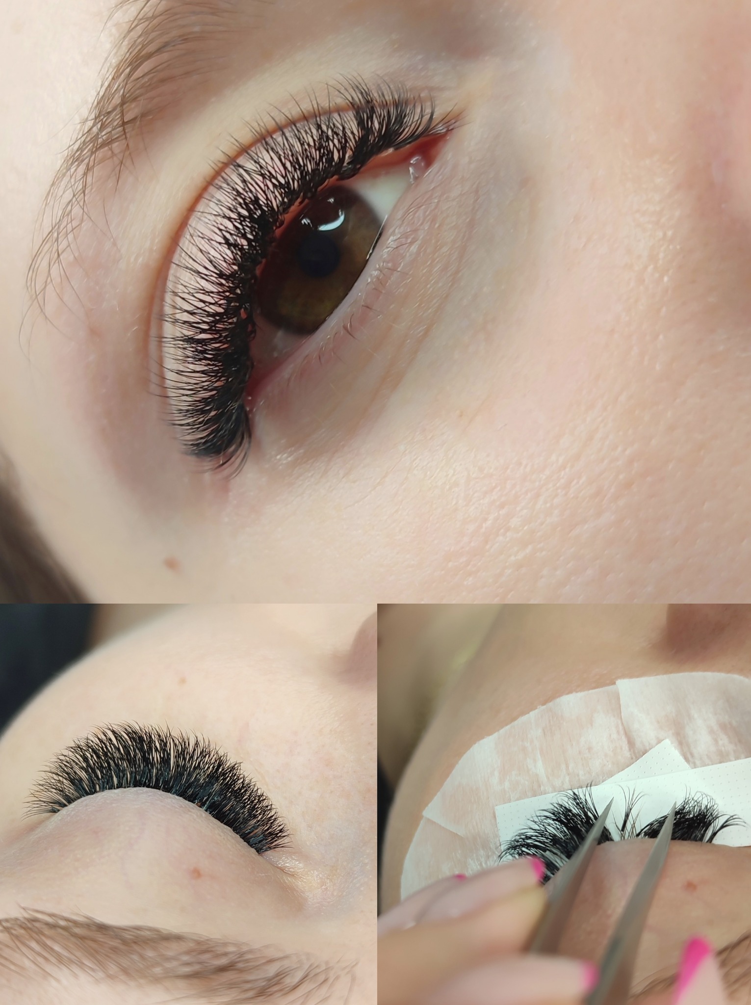 Zbliżenie na oko z gęstymi, czarnymi sztucznymi rzęsami; dolne kadry pokazują oko z rzęsami oraz proces aplikacji z użyciem pęsety i płatków pod oczy.
