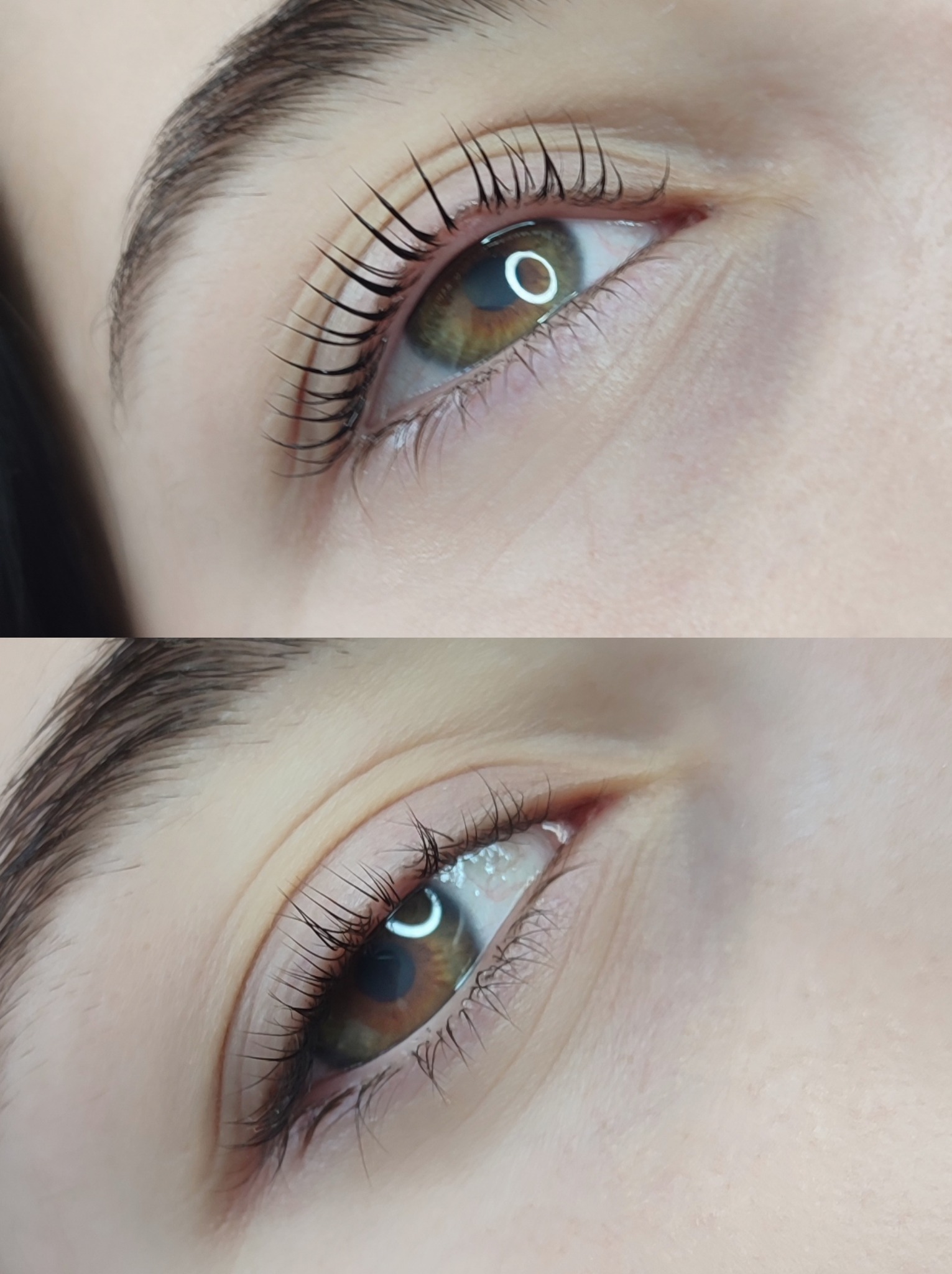 Zbliżenie na oko po zabiegu liftingu rzęs, widoczne wyraźnie podkręcone i wydłużone rzęsy, brązowa tęczówka z odbiciem lampy pierścieniowej.
