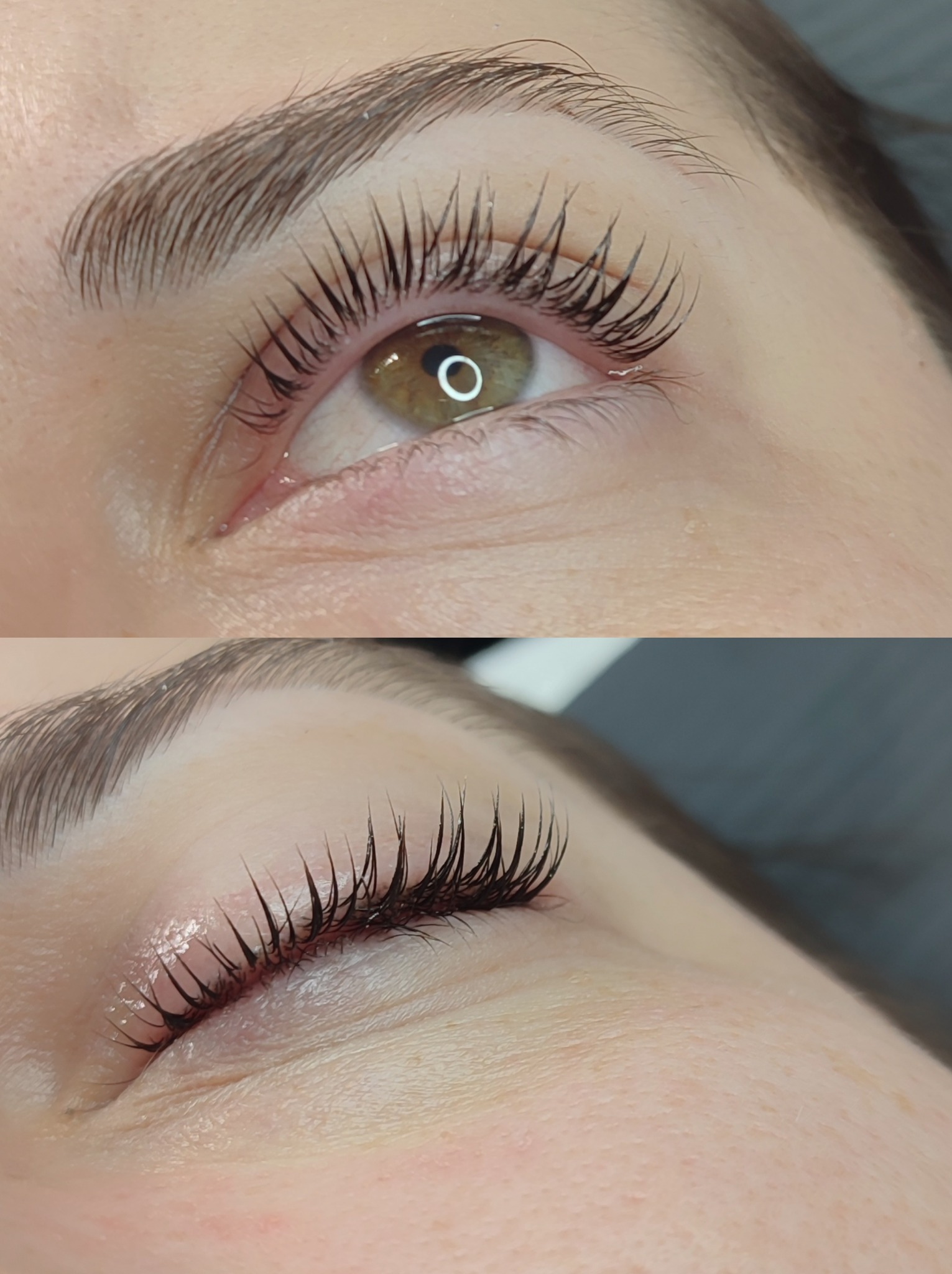 Zbliżenie na oko z uniesionymi rzęsami po zabiegu laminacji, widoczne nawilżenie i separacja rzęs, brwi naturalnie ułożone.