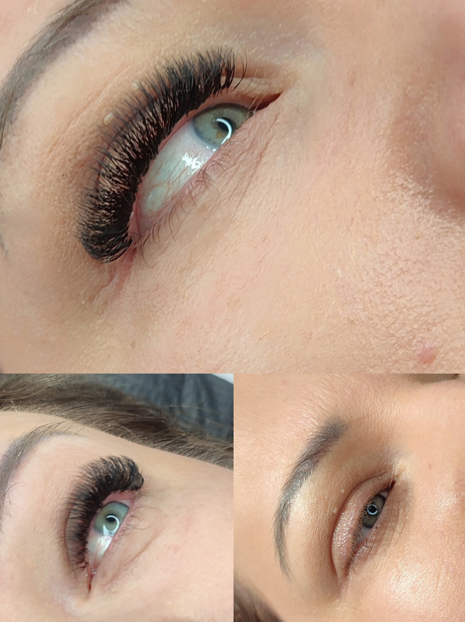 Zbliżenie na oko z gęstymi, czarnymi sztucznymi rzęsami, widoczne drobne naczynka i łzy w kąciku oka, skóra z widocznymi porami.