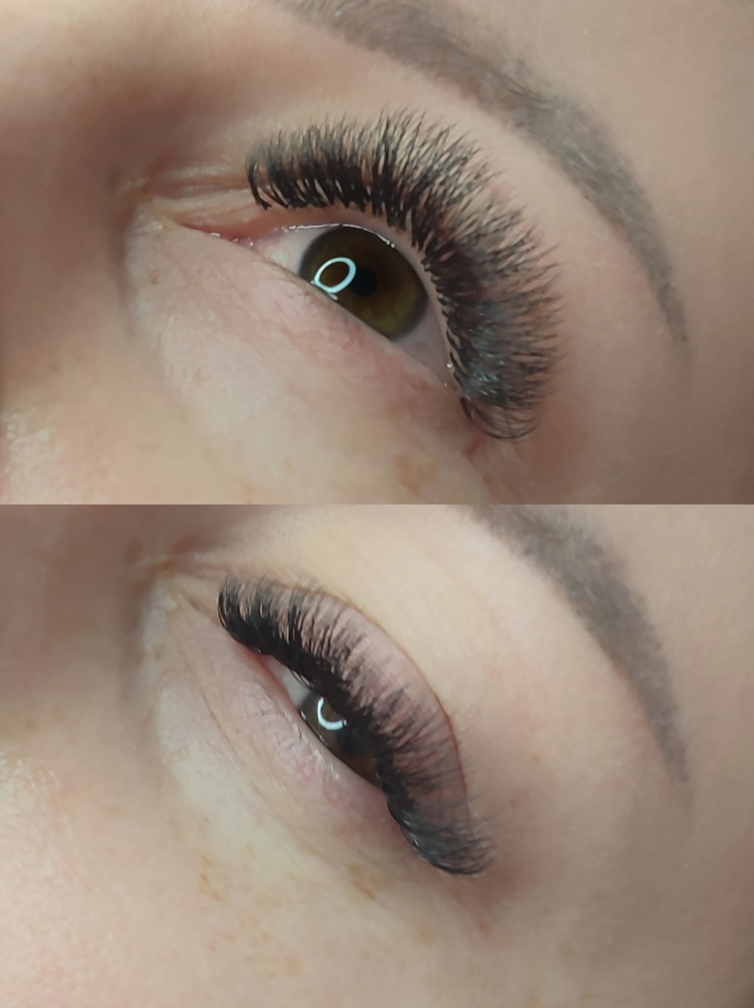 Zbliżenie na dwa oczy z przedłużonymi, gęstymi, czarnymi rzęsami. Widoczne brwi o naturalnym kształcie i delikatnym makijażu. W odbiciu w źrenicy widoczny pierścień świetlny.