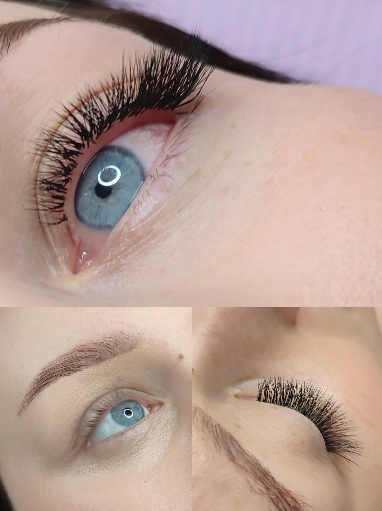 Zbliżenie na oko z niebieską tęczówką i gęstymi, czarnymi, przedłużonymi rzęsami; widoczne również brwi po zabiegu laminacji.