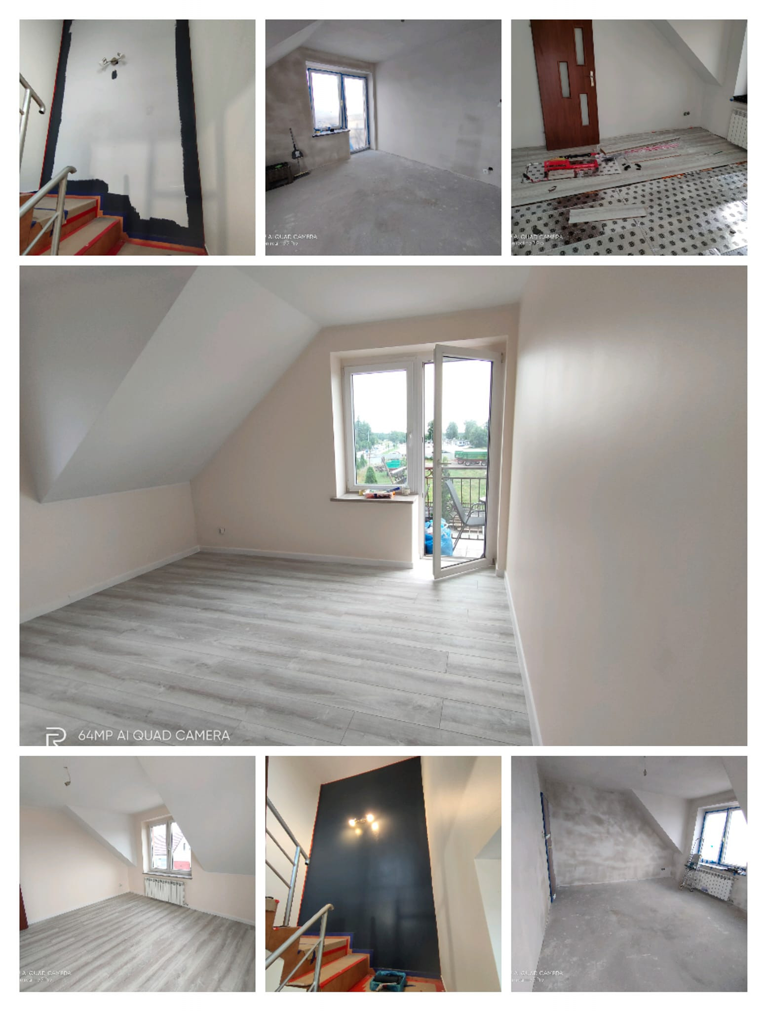 Poddasze po remoncie: świeżo pomalowane ściany w odcieniach bieli, szare panele podłogowe imitujące drewno, okno balkonowe z widokiem na zieleń.