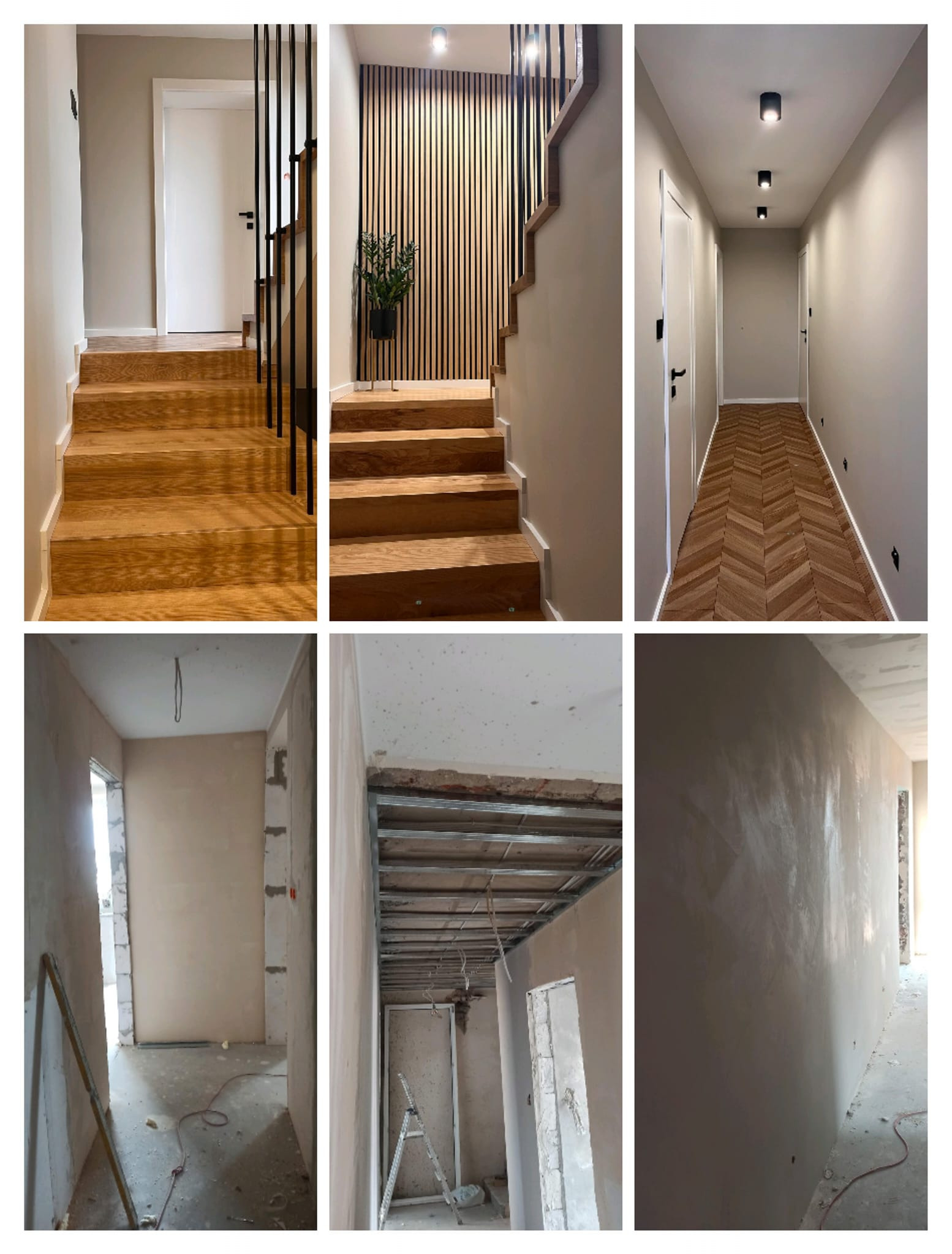 Kolaż zdjęć przedstawiający etapy wykończenia wnętrz: drewniane schody z czarną balustradą i lamelami na ścianie, korytarz z parkietem w jodełkę, oraz surowe ściany w trakcie nakładania gładzi...