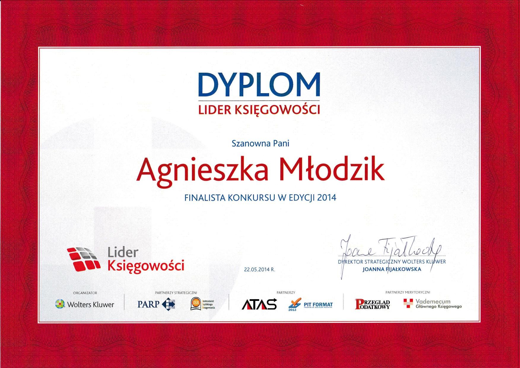 Dyplom dla Agnieszki Młodzik, finalisty konkursu Lider Księgowości w edycji 2014, z logo Wolters Kluwer i innych partnerów.