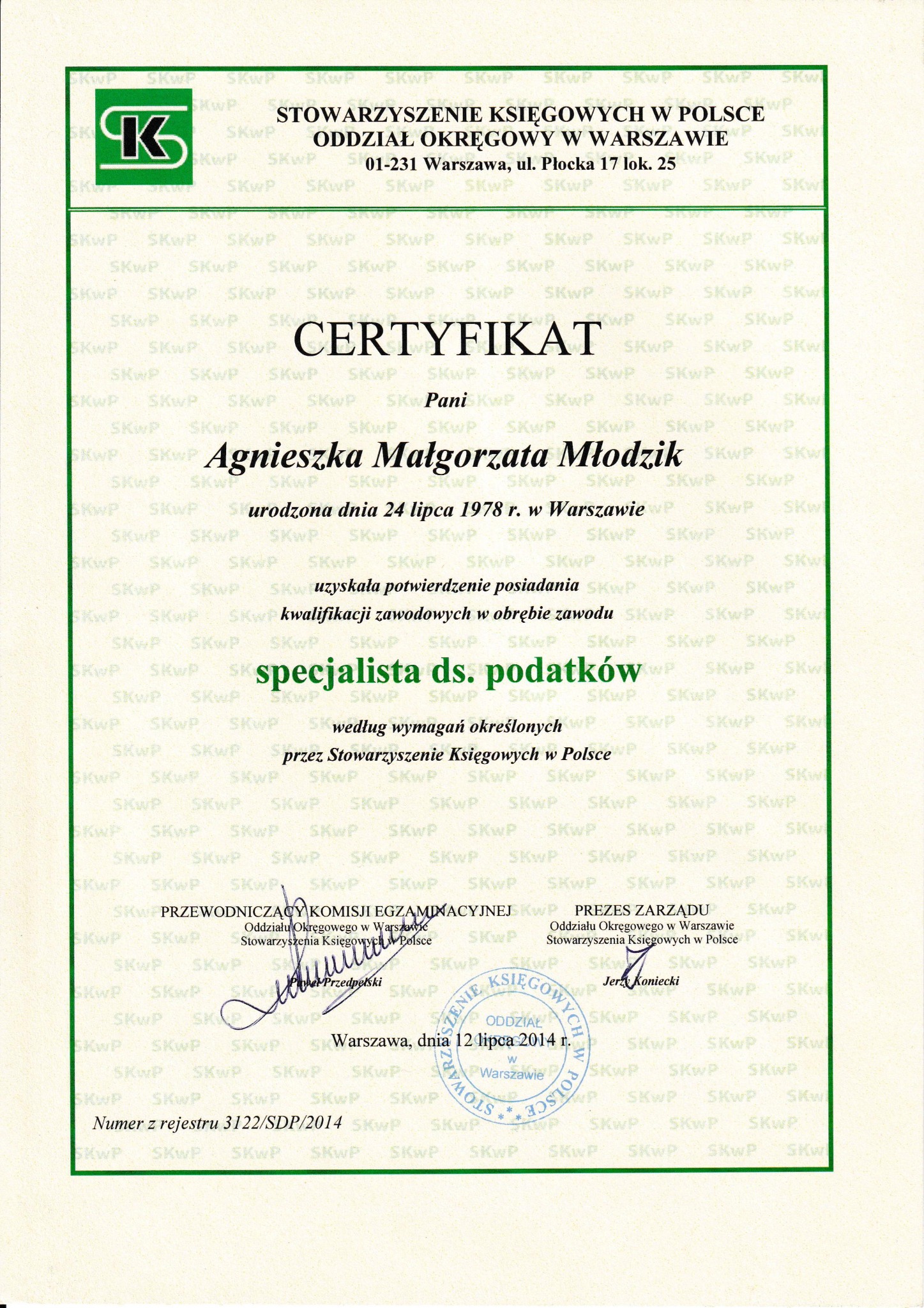 Certyfikat Stowarzyszenia Księgowych w Polsce dla Agnieszki Małgorzaty Młodzik, specjalisty ds. podatków, wydany 12 lipca 2014 w Warszawie.