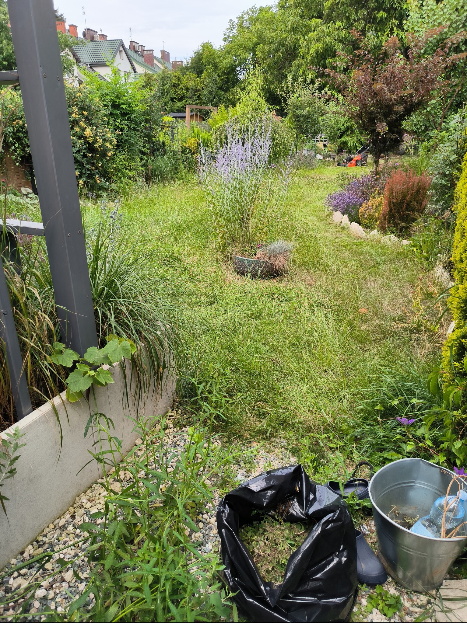 Zarośnięty trawnik przed koszeniem, widoczna kosiarka w tle, obok czarny worek na śmieci i metalowe wiadro z butelką wody.