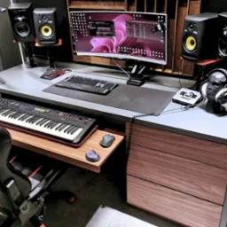 Ergonomiczne stanowisko pracy z szarą, szeroką powierzchnią biurka, wysuwaną półką na klawiaturę MIDI, monitorem panoramicznym, głośnikami studyjnymi na półkach i krzesłem gamingowym z czerwonymi...