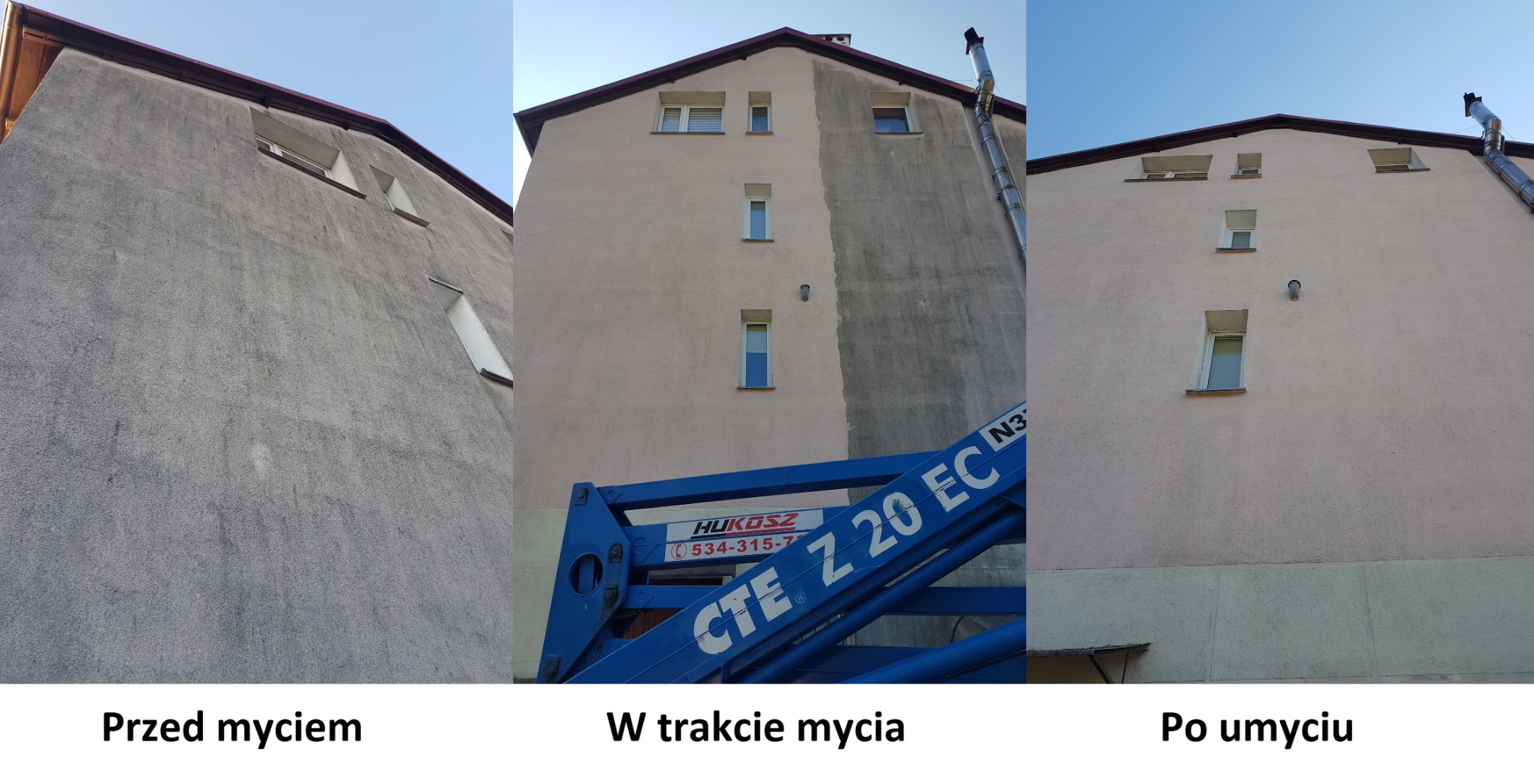 Porównanie stanu elewacji budynku przed, w trakcie i po czyszczeniu, widoczne różnice w kolorze i zabrudzeniach, fragment podnośnika koszowego na środkowym ujęciu.