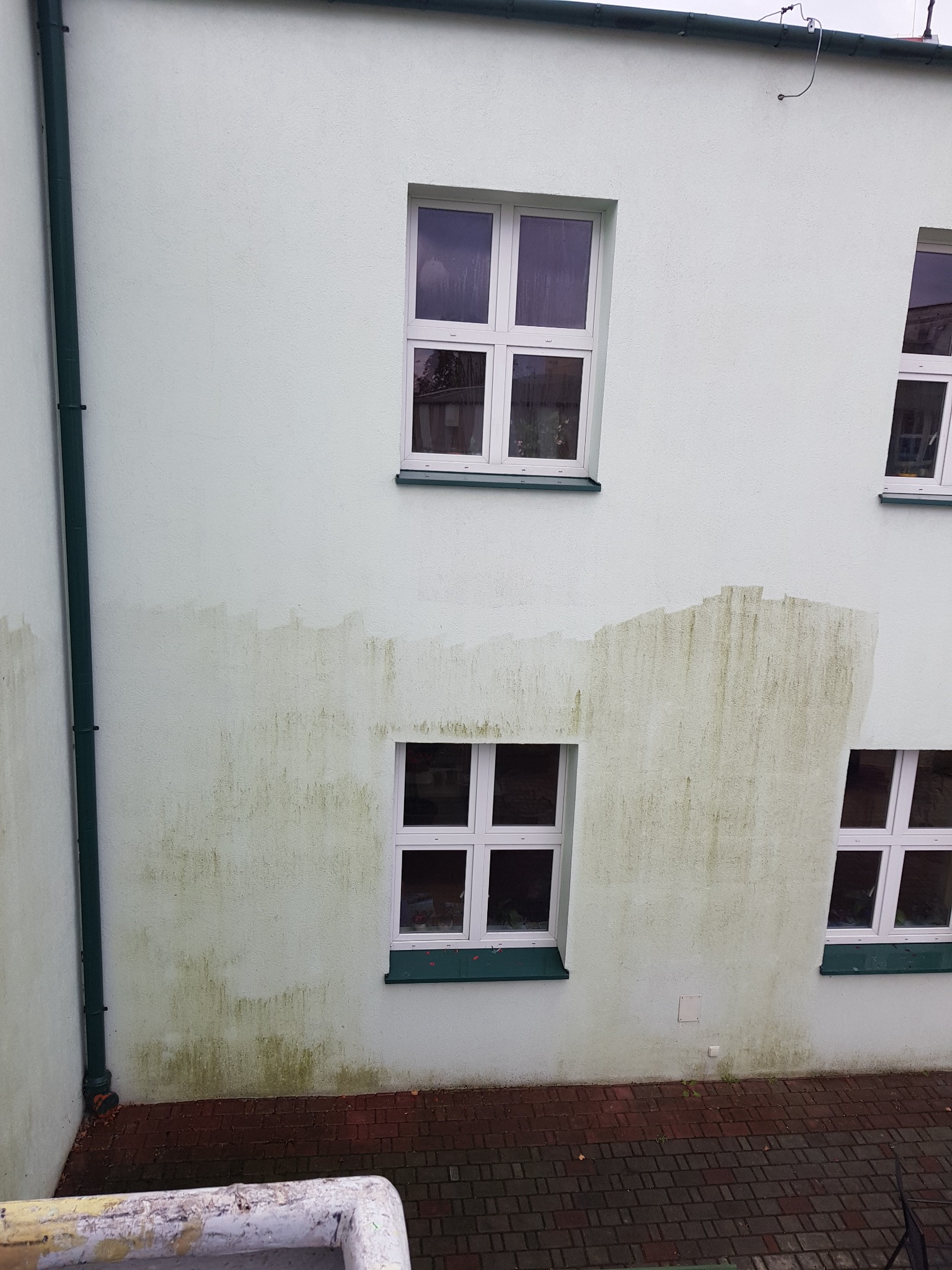 Elewacja budynku mieszkalnego z widocznymi zabrudzeniami i śladami wilgoci, wymagająca czyszczenia. Widoczne okna z białymi ramami.