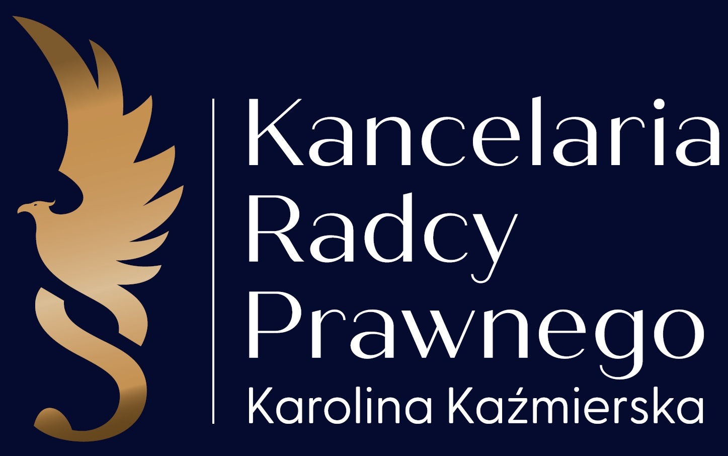 Logo kancelarii prawnej: złoty stylizowany orzeł i napis 'Kancelaria Radcy Prawnego Karolina Kaźmierska' na granatowym tle.