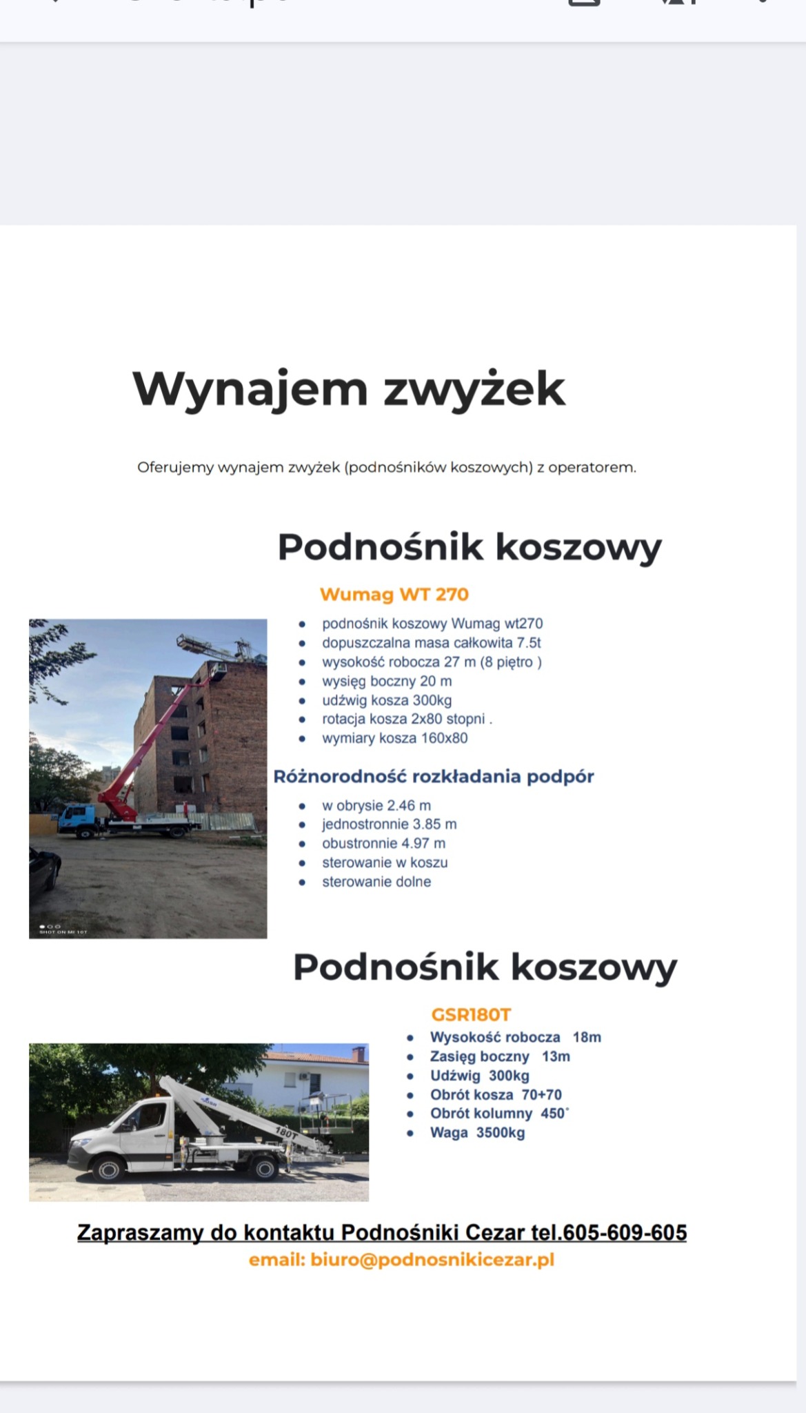 Zdjęcie podnośnika koszowego Wumag WT 270 z wysięgnikiem sięgającym dachu budynku, widoczne parametry techniczne podnośnika i dane kontaktowe firmy.
