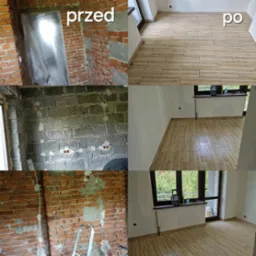 Kolaż prezentujący etap 'przed' i 'po' remontu pomieszczenia: surowa cegła i instalacje elektryczne kontra wykończone wnętrze z jasną, drewnopodobną podłogą z płytek, białe ściany i okno z widokiem...