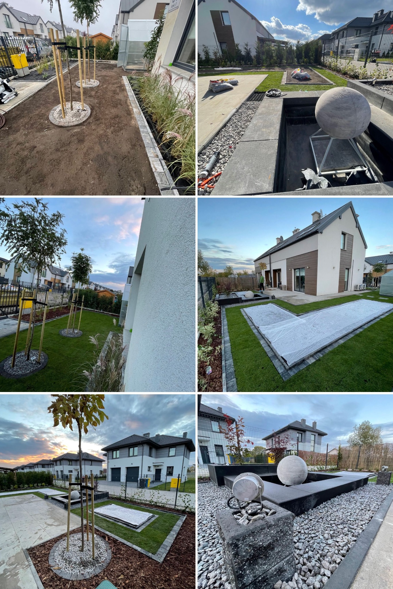 Nowoczesny ogród z nasadzeniami traw ozdobnych, młodymi drzewami podpartymi palikami, kamiennymi obrzeżami i elementami wodnymi z dekoracyjną kulą, na tle zabudowy jednorodzinnej.