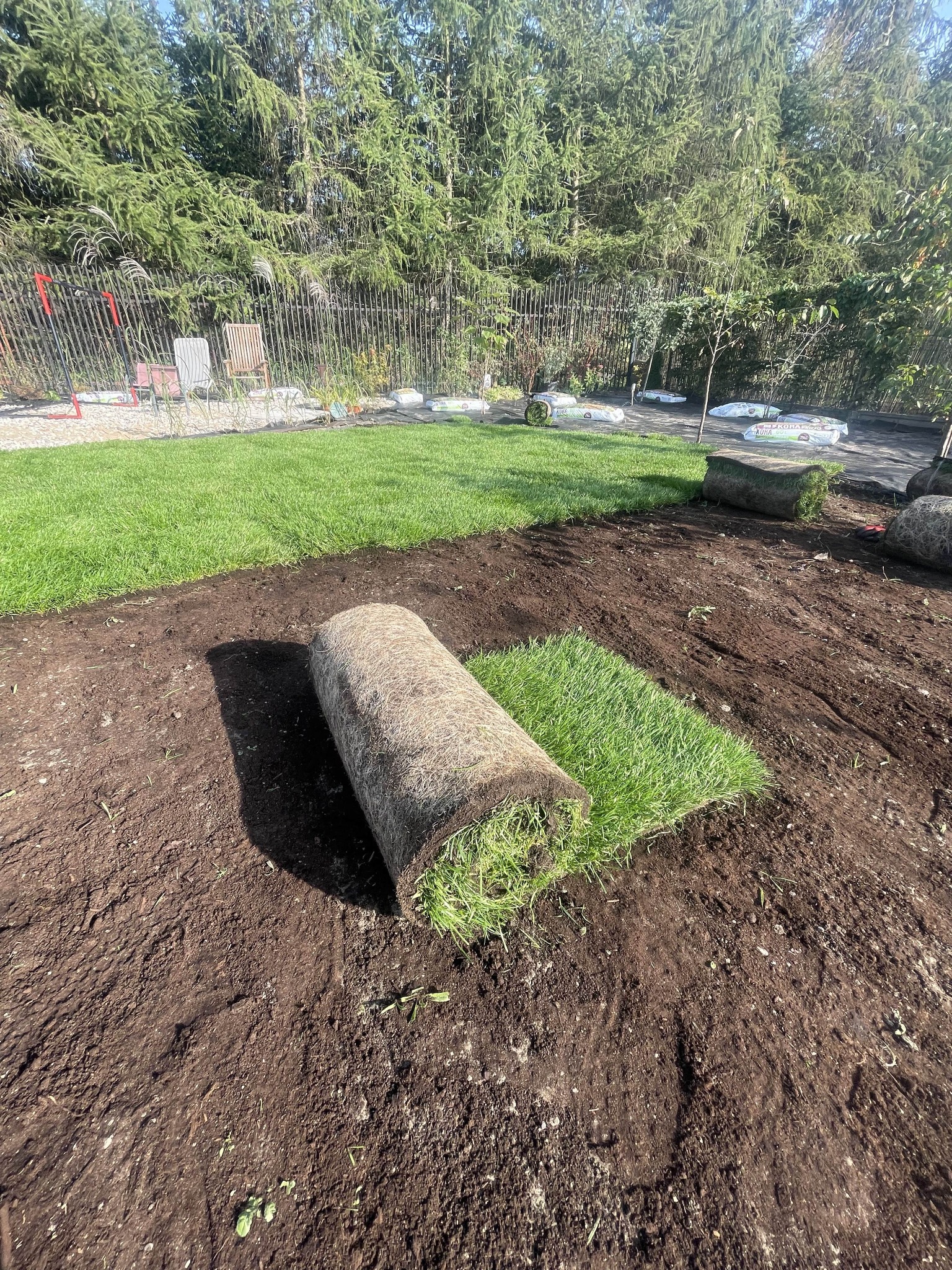 Rozwinięta rolka trawy na przygotowanym, wyrównanym podłożu, częściowo ułożona darń, w tle widoczne kolejne rolki i worki z ziemią na czarnej macie, ogrodzenie z siatki i drzewa.