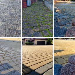 Myjnia mobilna - Kolaż sześciu zdjęć kostki brukowej: trzy przed czyszczeniem (brudna, z mchem) i trzy po czyszczeniu (czysta, jasna). Widoczne różnice w kolorze i wyglądzie.