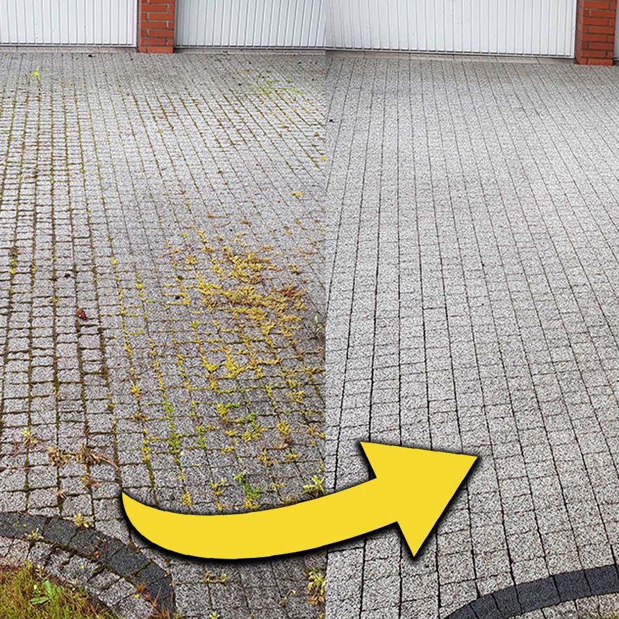 Kostka brukowa przed i po czyszczeniu, z widoczną różnicą w zabrudzeniach i strzałką wskazującą na efekt. Jasne, naturalne oświetlenie.