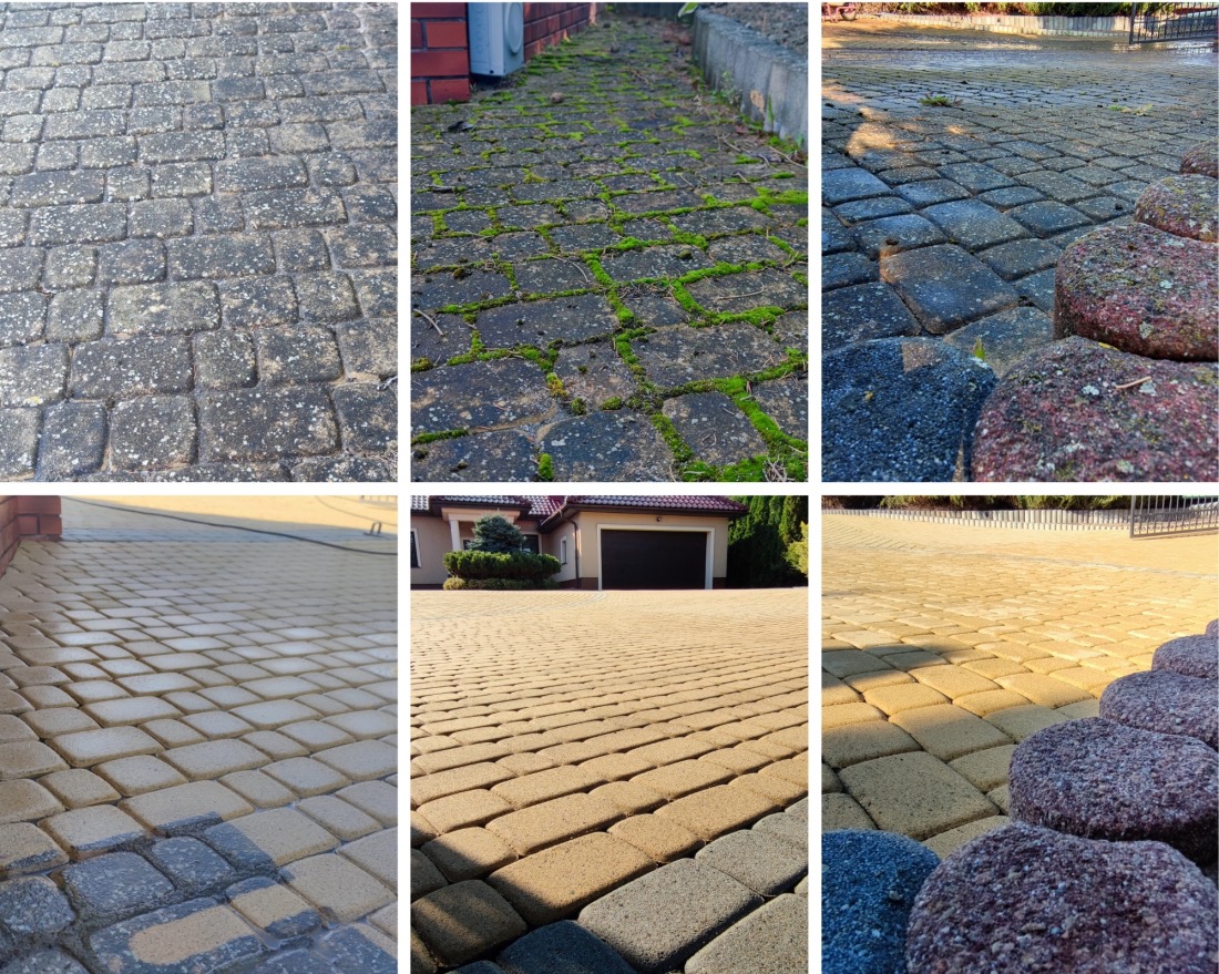 Kolaż sześciu zdjęć kostki brukowej: trzy przed czyszczeniem (brudna, z mchem) i trzy po czyszczeniu (czysta, jasna). Widoczne różnice w kolorze i wyglądzie.