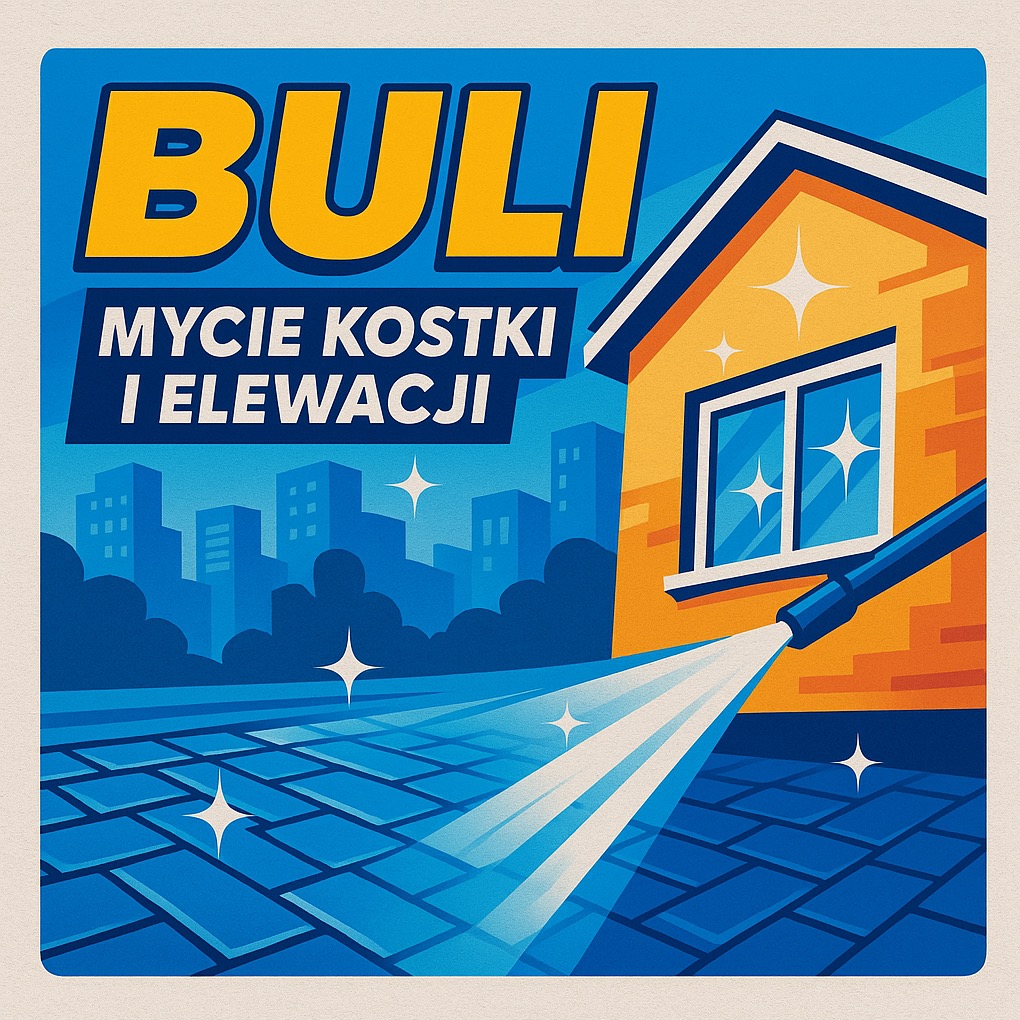 Grafika: Mycie kostki i elewacji. Żółty dom, niebieska kostka, woda pod ciśnieniem. W tle budynki miejskie i gwiazdy. Kontrastowe kolory, czysty design.