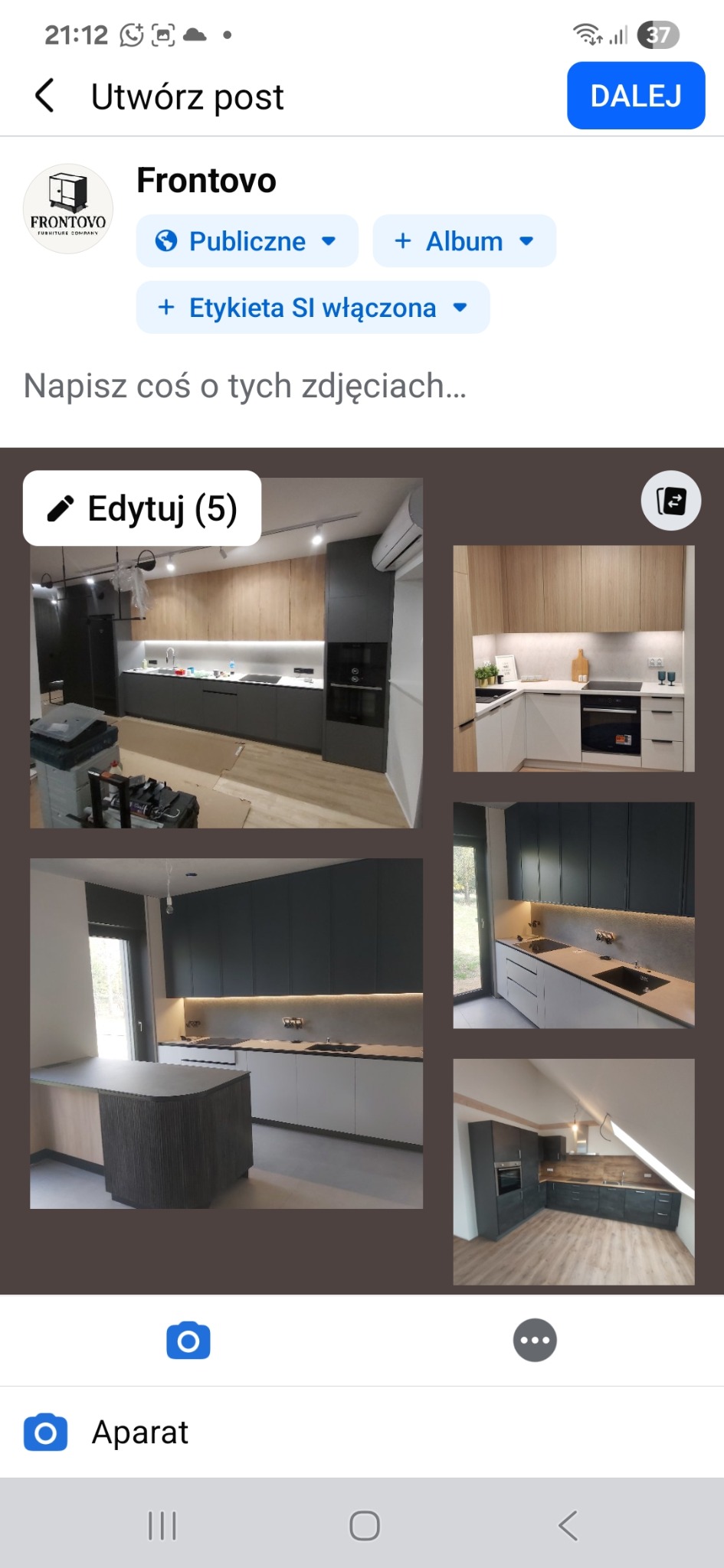 Kompozycja zdjęć kuchni: nowoczesne aranżacje z szarymi i drewnianymi frontami, oświetleniem LED i minimalistycznym designem. Różne ujęcia prezentują detale i układ pomieszczeń.