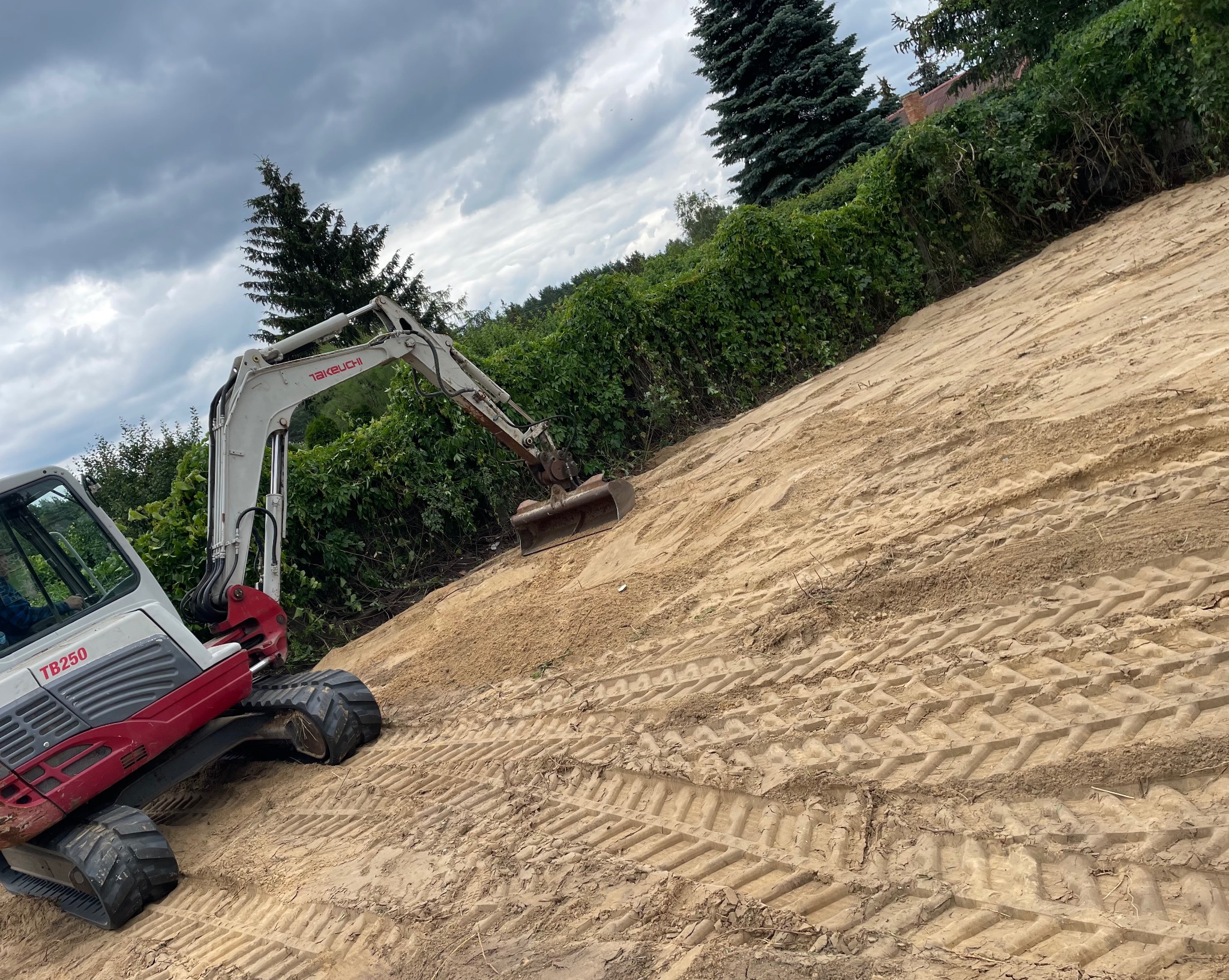Mini koparka Takeuchi TB250 na placu budowy, widoczne ślady opon na piasku, w tle zieleń i pochmurne niebo.
