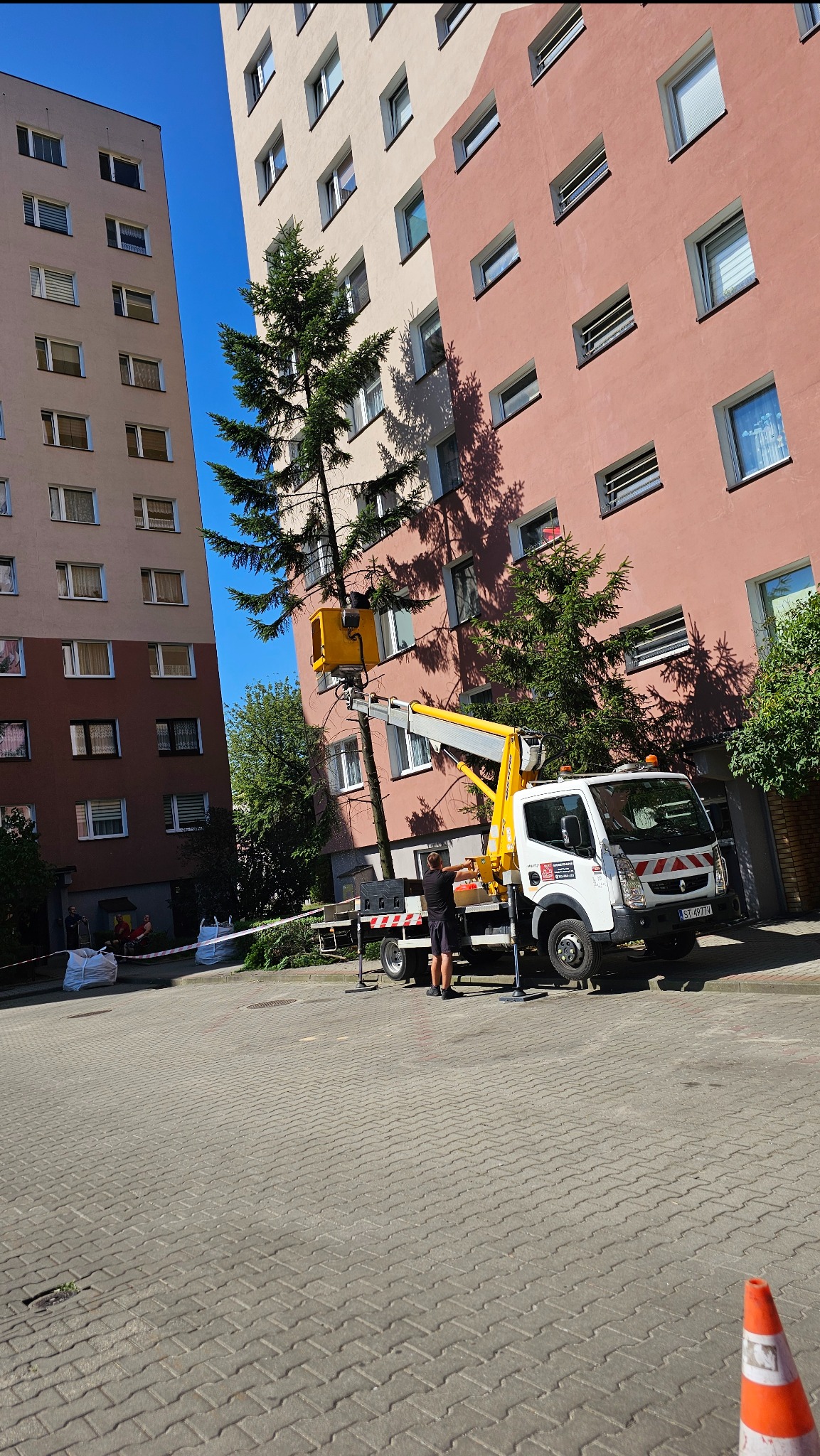 Żółty podnośnik koszowy na tle bloku mieszkalnego, z pracownikiem przygotowującym się do pracy przy wysokiej sośnie rosnącej blisko budynku.
