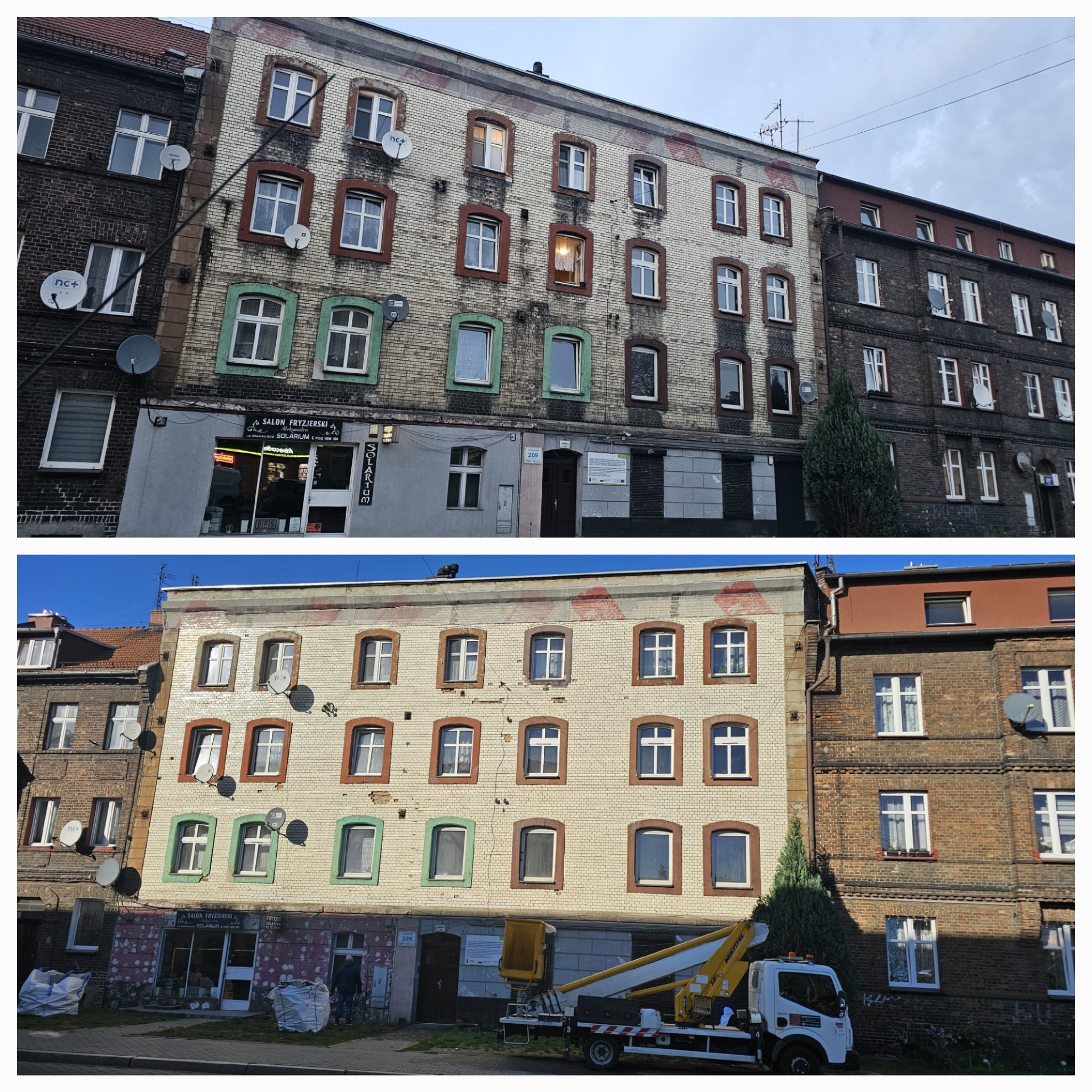 Zdjęcie 'przed i po' mycia elewacji budynku z cegły, z widocznym podnośnikiem koszowym i workami z odpadami. Część elewacji jest już czysta, a część brudna.