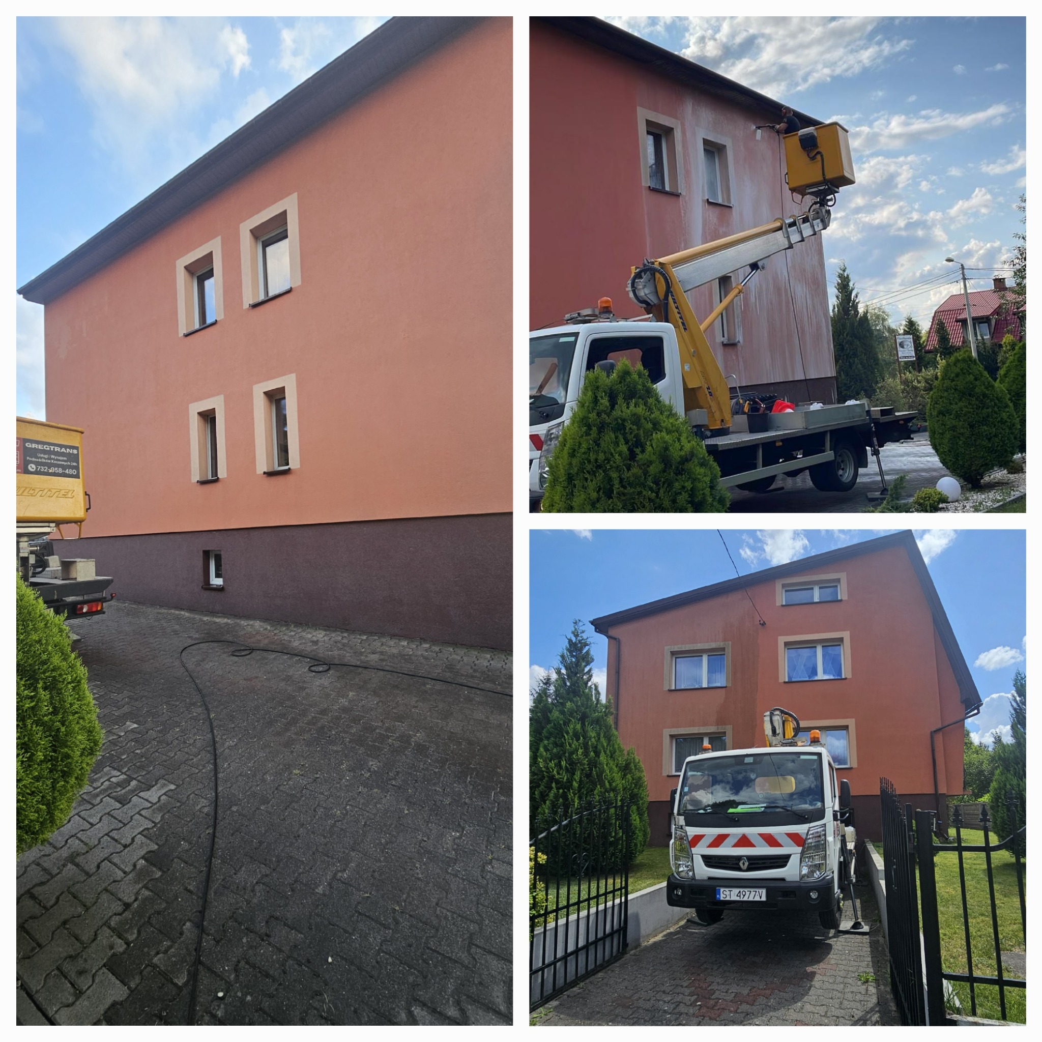Elewacja domu czyszczona z podnośnika koszowego w Tarnowskich Górach. Widoczny fragment elewacji przed i po myciu, zarys podnośnika i pracownik w koszu.
