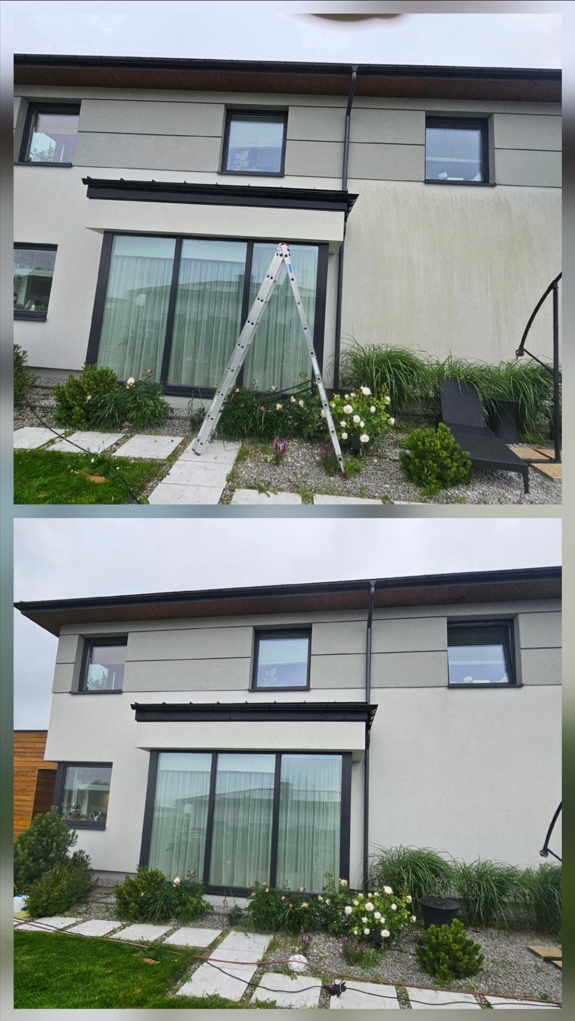Dom dwukondygnacyjny przed i po czyszczeniu elewacji. Na górnym zdjęciu widoczne zabrudzenia, na dolnym czysta elewacja. Drabina oparta o ścianę.