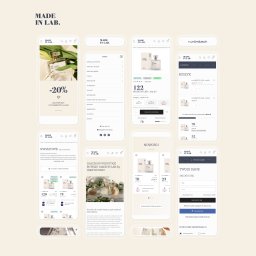 Unlimitech Sp. z o.o. - Ekrany smartfonów prezentujące interfejs sklepu internetowego Made in Lab z ofertą perfum, widok koszyka, menu i formularz logowania. Na jednym z ekranów flakon perfum otoczony białymi kwiatami.