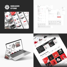 Unlimitech Sp. z o.o. - Mockupy stron internetowych sklepu z obuwiem sportowym, prezentujące interfejs na laptopie i smartfonie, z widokiem koszyka zakupowego i strony głównej z ofertą.