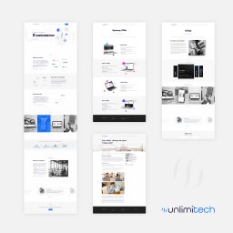 Unlimitech Sp. z o.o. - Prezentacja responsywnej strony internetowej firmy Unlimitech z sekcjami E-commerce, Systemy CRM i Usługi, wyświetlana na trzech ekranach w minimalistycznej, białej stylistyce z niebieskimi akcentami.