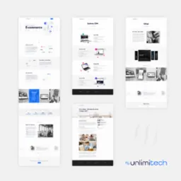 Prezentacja responsywnej strony internetowej firmy Unlimitech z sekcjami E-commerce, Systemy CRM i Usługi, wyświetlana na trzech ekranach w minimalistycznej, białej stylistyce z niebieskimi akcentami.