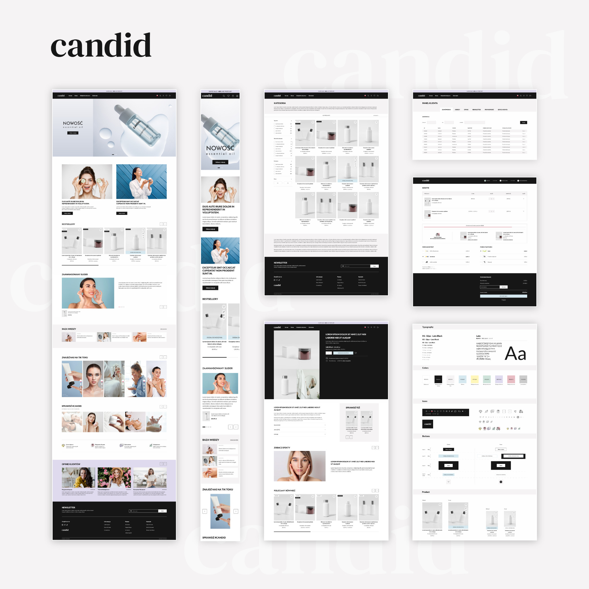 Prezentacja responsywnego projektu graficznego sklepu internetowego z elementami UI/UX, widoczne ekrany na różnych urządzeniach, paleta kolorów i typografia.