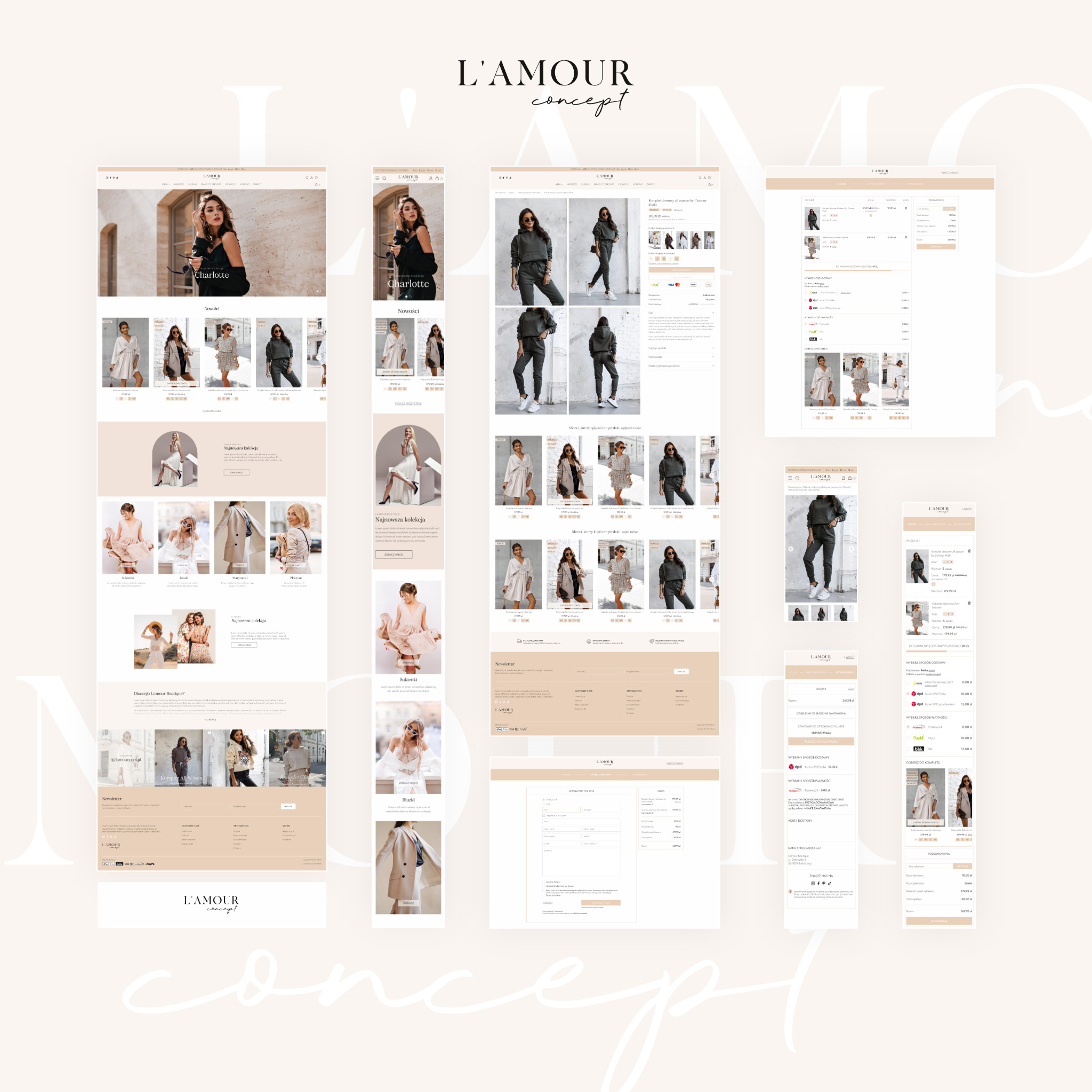 Prezentacja responsywnego projektu graficznego sklepu internetowego L'Amour Concept na różnych urządzeniach: komputerze, tablecie i smartfonie, z widocznymi kategoriami produktów i detalami oferty.