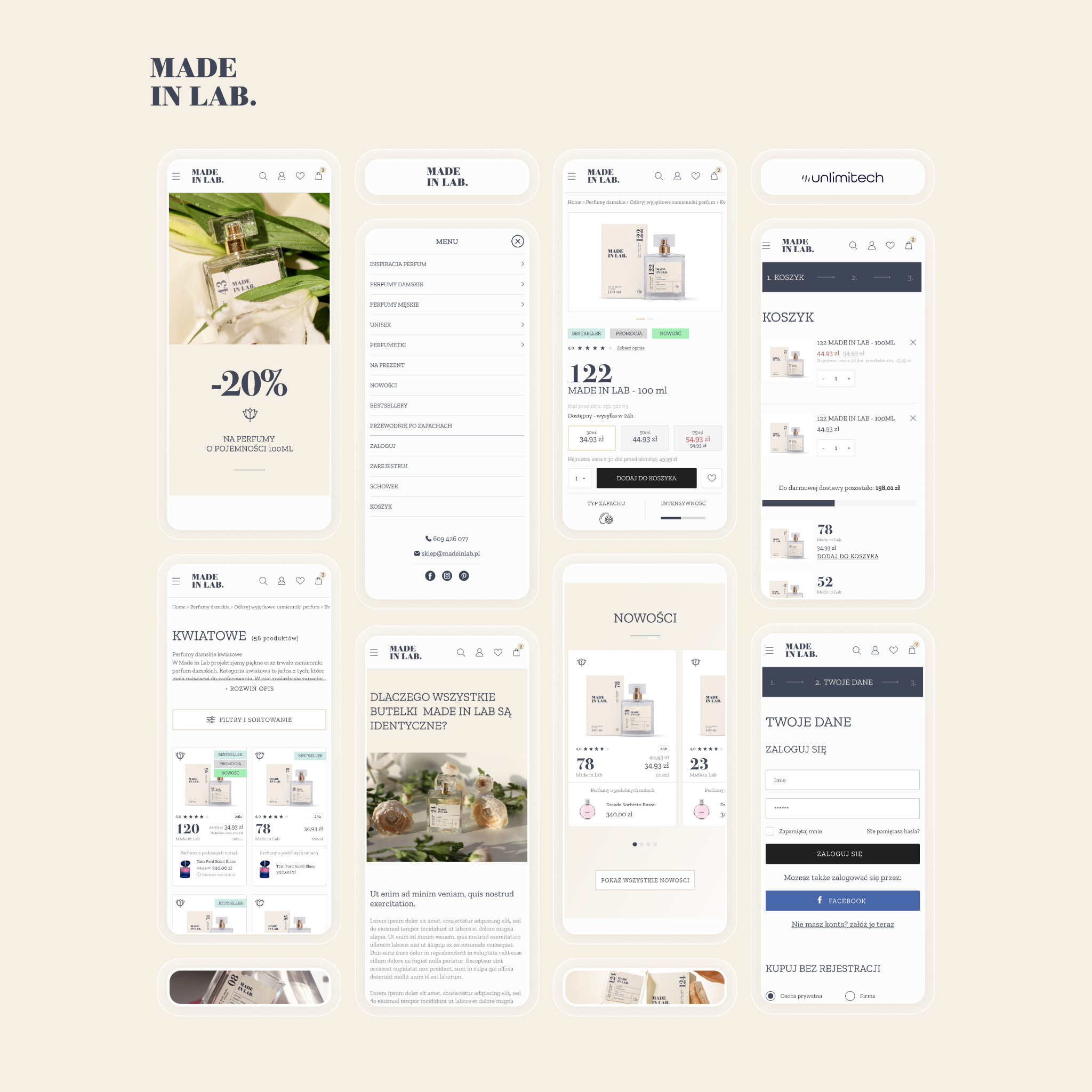 Ekrany smartfonów prezentujące interfejs sklepu internetowego Made in Lab z ofertą perfum, widok koszyka, menu i formularz logowania. Na jednym z ekranów flakon perfum otoczony białymi kwiatami.