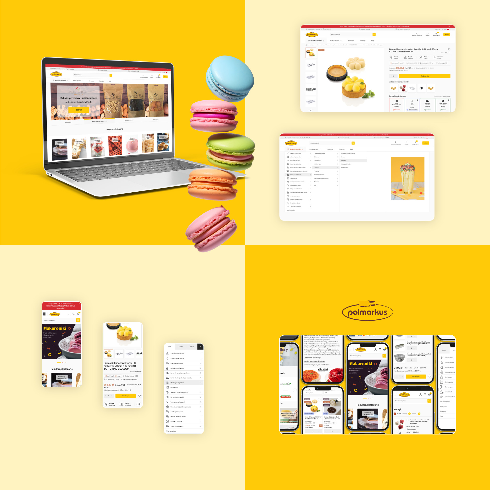 Prezentacja responsywnego sklepu internetowego z branży cukierniczej Polmarkus Sp. z o.o. na laptopie i smartfonach, z unoszącymi się obok kolorowymi makaronikami. Widoczne ekrany przedstawiają...