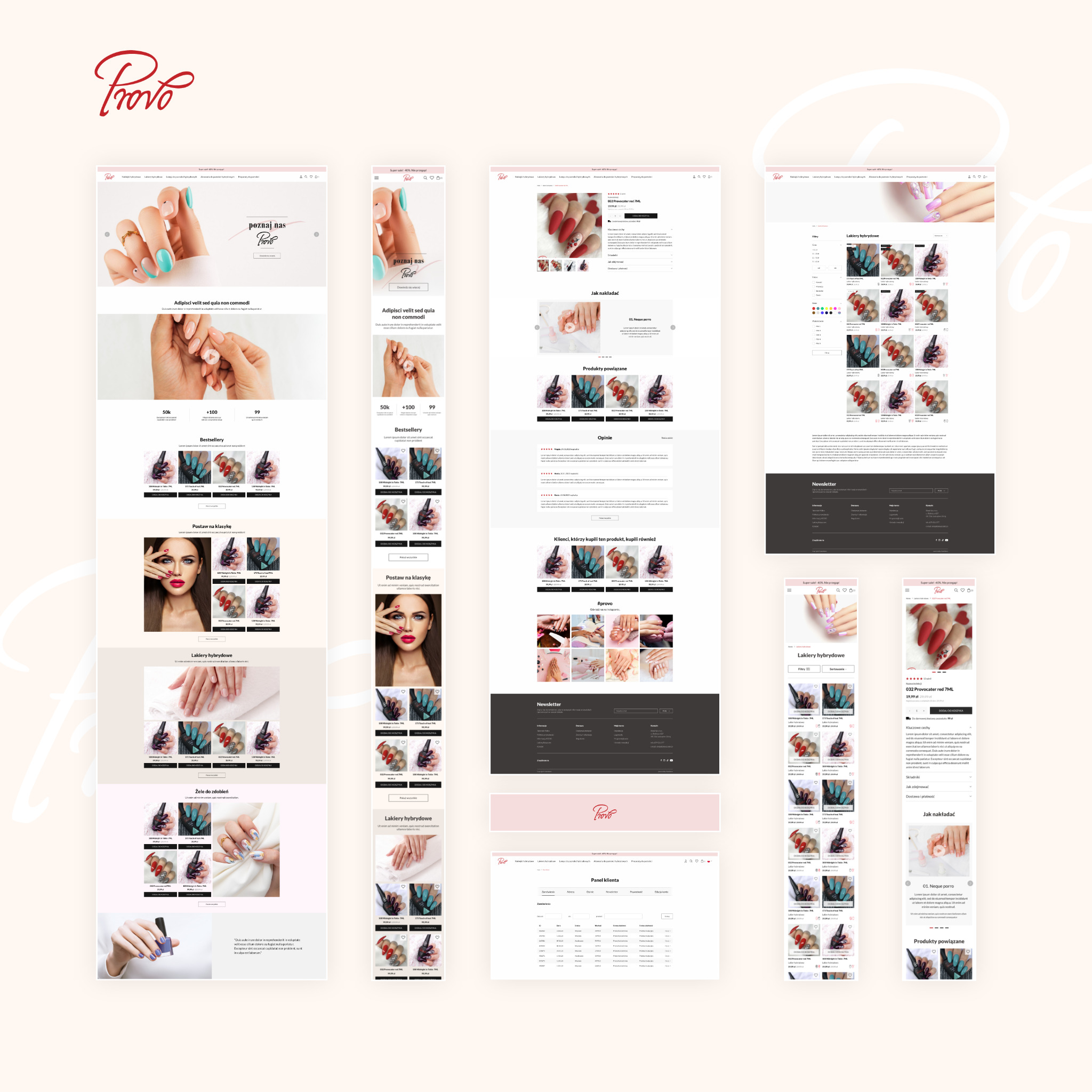 Prezentacja responsywnego sklepu internetowego z lakierami hybrydowymi marki Provo na różnych urządzeniach: desktop, tablet i smartfon. Widoczne elementy interfejsu użytkownika, takie jak karuzela...