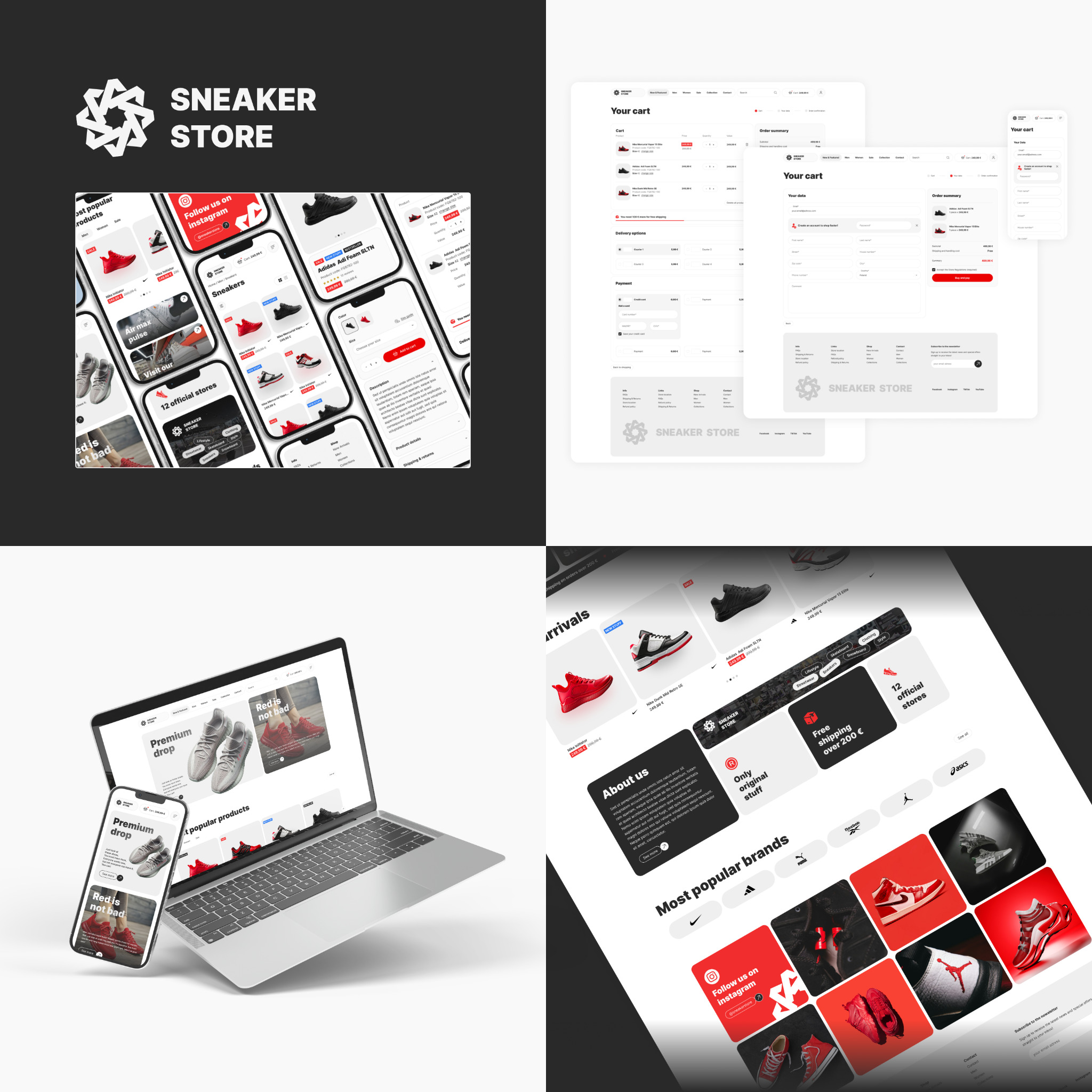 Mockupy stron internetowych sklepu z obuwiem sportowym, prezentujące interfejs na laptopie i smartfonie, z widokiem koszyka zakupowego i strony głównej z ofertą.