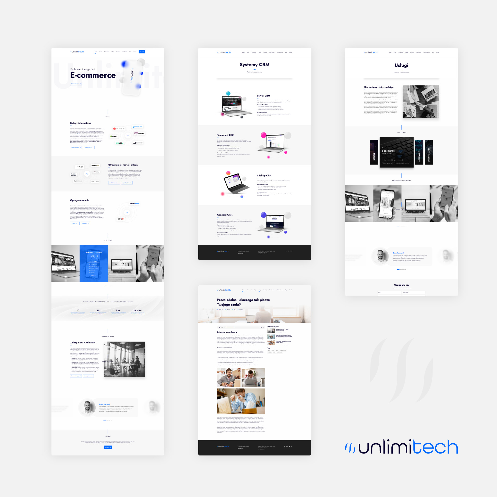 Prezentacja responsywnej strony internetowej firmy Unlimitech z sekcjami E-commerce, Systemy CRM i Usługi, wyświetlana na trzech ekranach w minimalistycznej, białej stylistyce z niebieskimi akcentami.