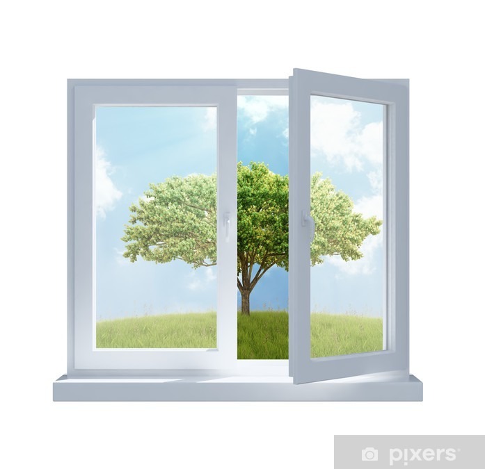 Białe, otwarte okno z widokiem na zielone wzgórze i drzewo pod błękitnym niebem z lekkimi chmurami.